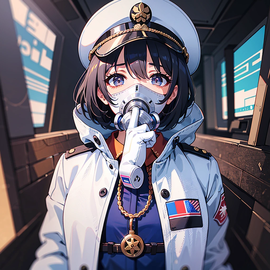 (((masterpiece、Top image quality、top-quality、highly detailed unity 8kwall-paper)))、(Illustration of one woman)、30-years old、(Viceroy)、((Black hair bob cut))、(((Gas mask covering the mouth)))、(((Gas mask covering the mouth)))、Gray eyes、((Tall))、((huge tit))、((Military uniforms))、((Military Cap))、((Military coat))、(white clothes)、(White pants)、(White cap)、trench coat、(((space station observation deck、Earth seen from space)))