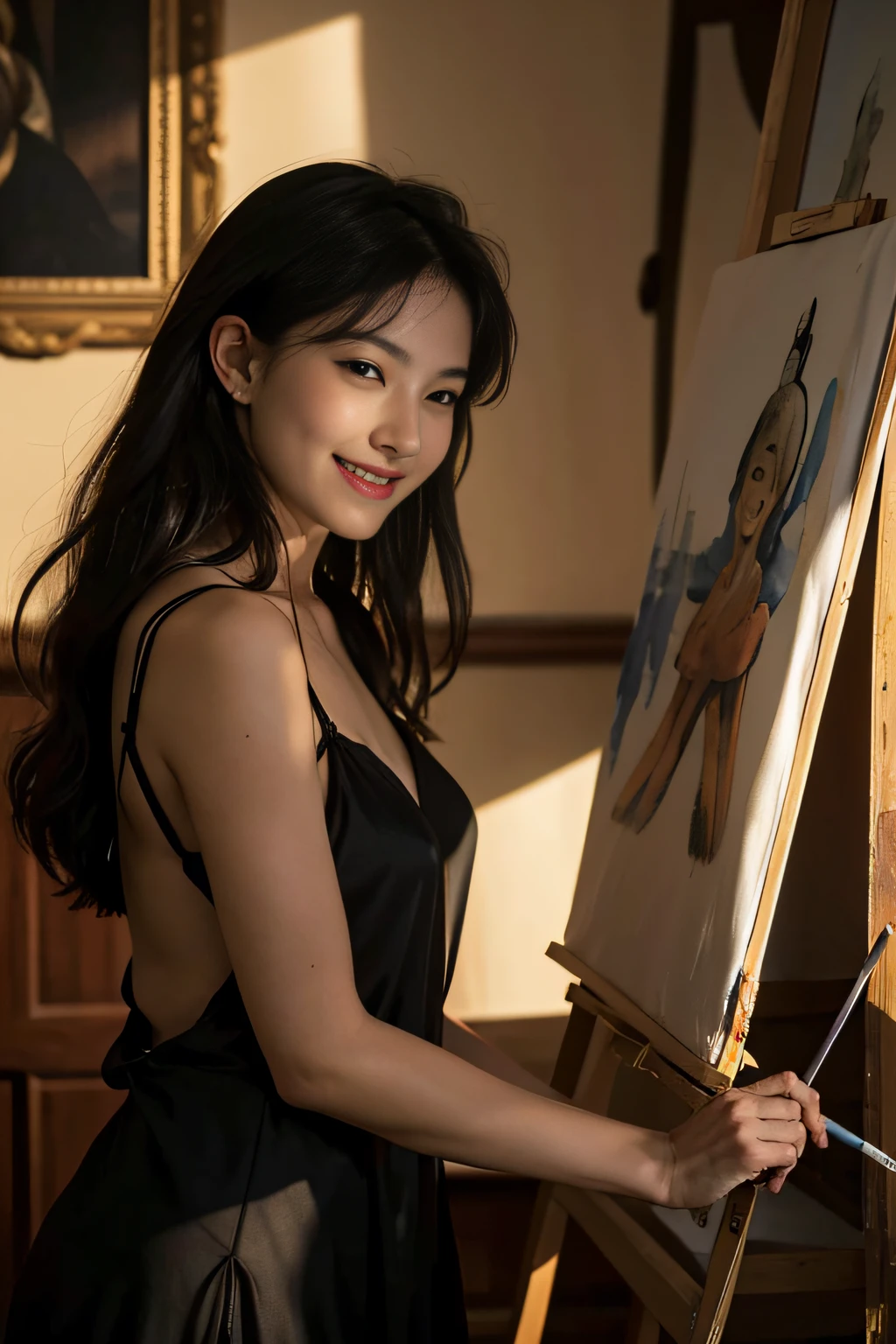 Woman painting oil painting on canvas in atelier,Easel,antique,A smile,,Sweet and seductive appearance.、Caravaggio's paintings、Chiaroscuro of Caravaggio,,Cute smile, Expression of ecstasy,erotick,A sexy,Seduce you