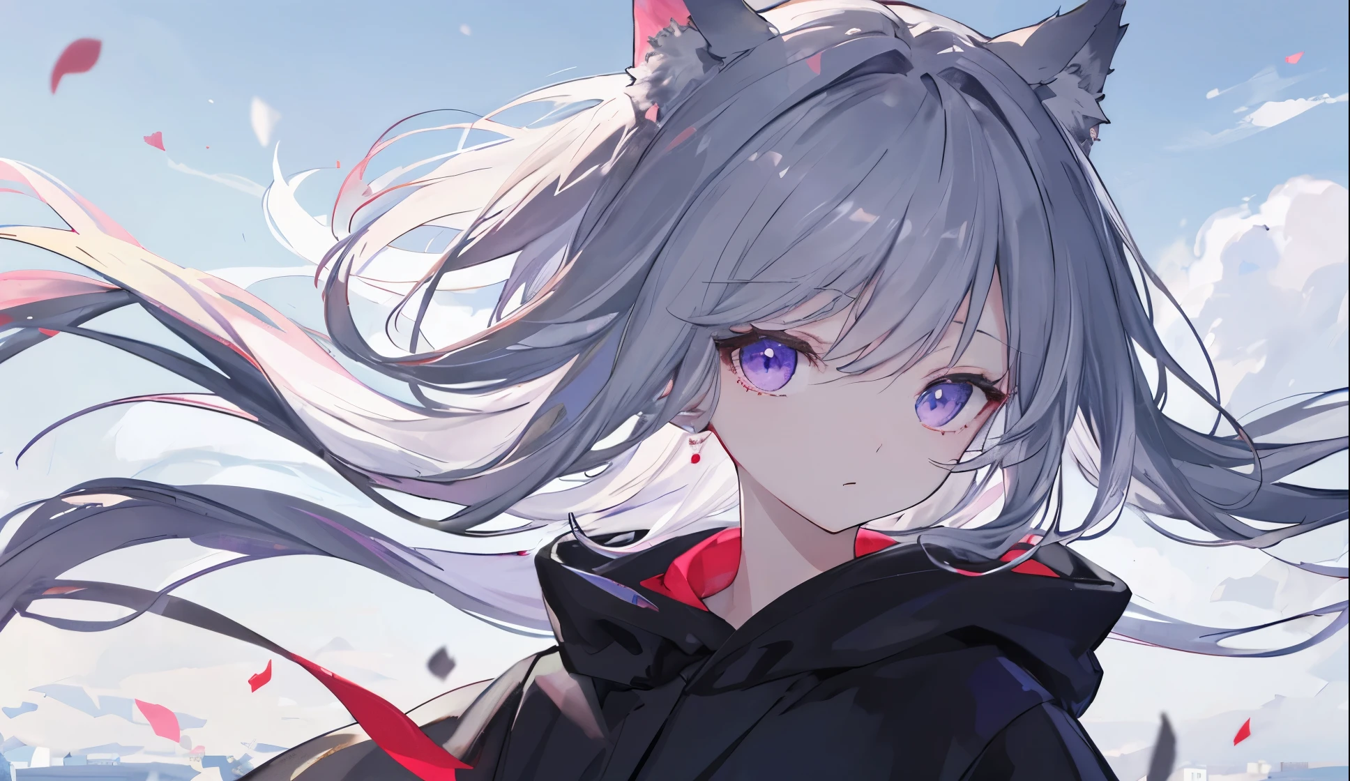 ((Best Quality)),up、Wearing a black hoodie、looked lonely、He had gray hair and furry ears.、eyes are purple、wolf girl。The back is black。The wind is blowing、Hair is fluttering。