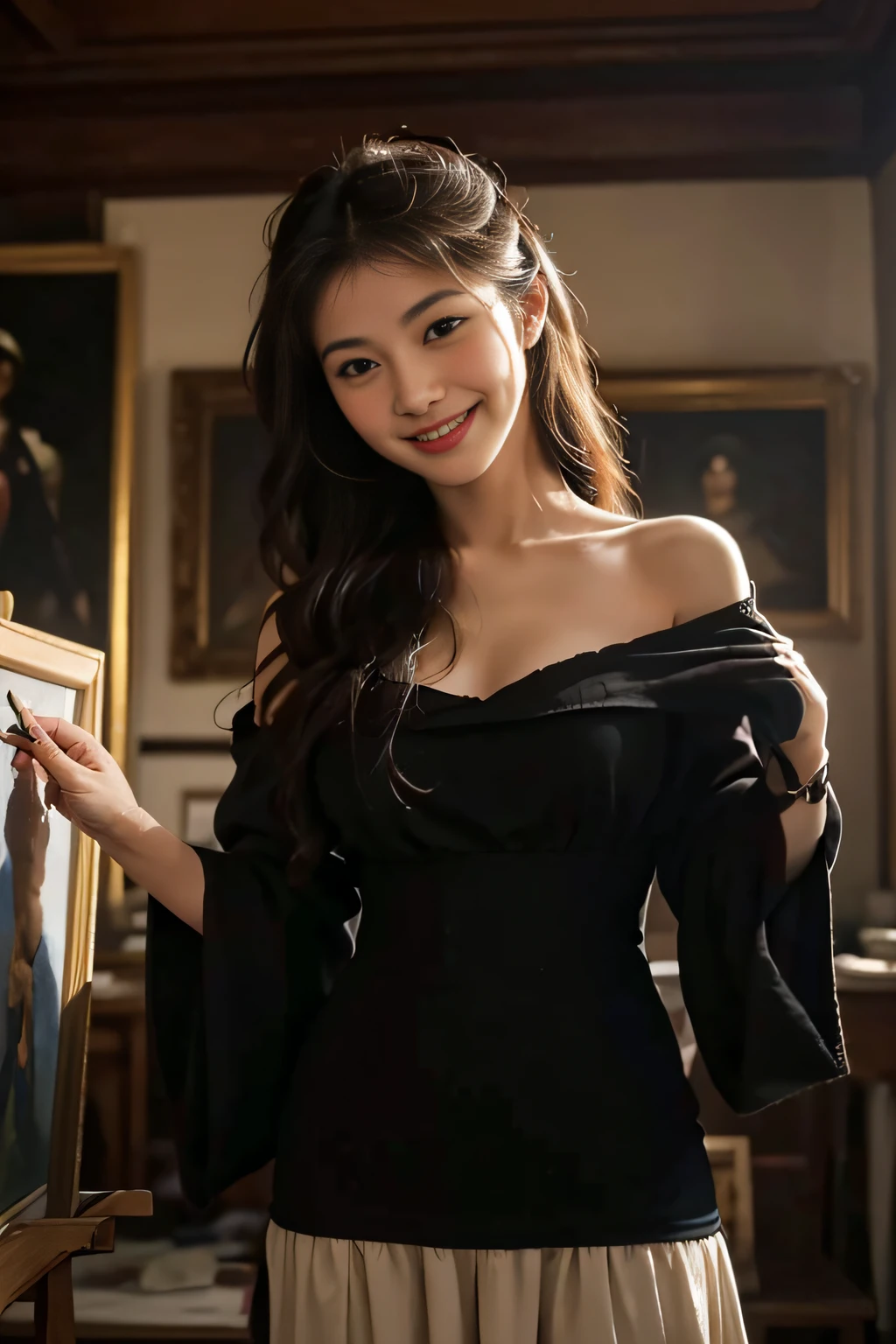 Woman painting oil painting on canvas in atelier,Easel,antique,A smile,,Sweet and seductive appearance.、Caravaggio's paintings、Chiaroscuro of Caravaggio,,Cute smile, Expression of ecstasy,erotick,A sexy,Seduce you