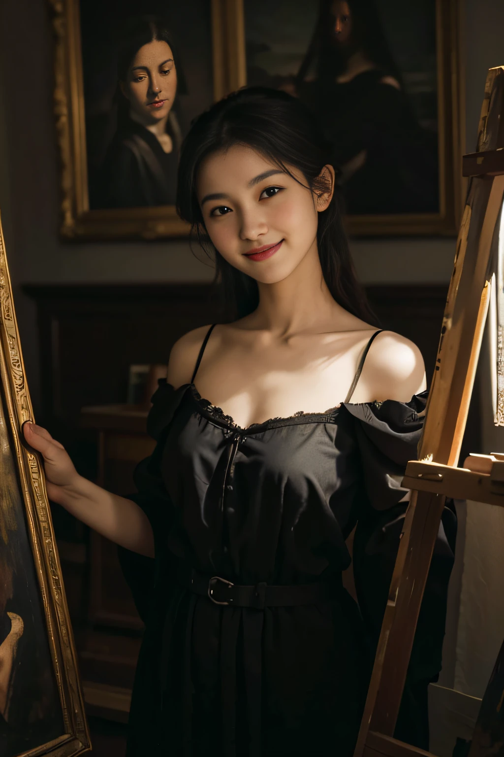 Woman painting oil painting on canvas in atelier,Easel,antique,A smile,,Sweet and seductive appearance.、Caravaggio's paintings、Chiaroscuro of Caravaggio,,Cute smile, Expression of ecstasy,erotick,A sexy,Seduce you