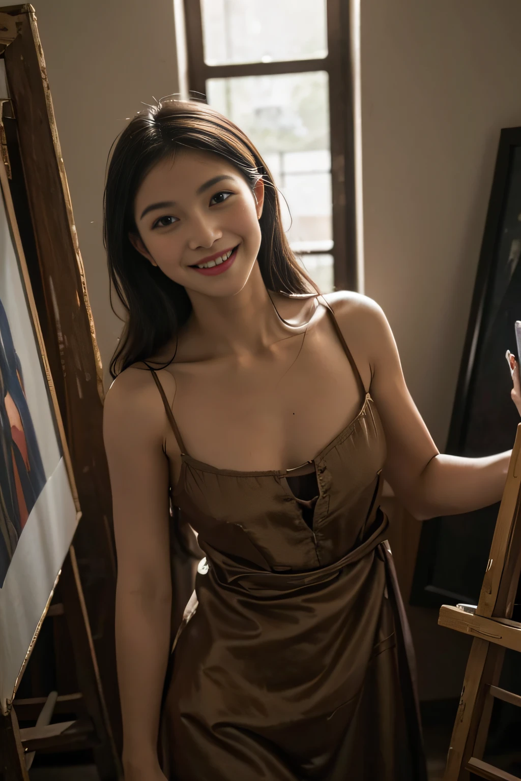 Woman painting oil painting on canvas in atelier,Easel,antique,A smile,,Sweet and seductive appearance.、Caravaggio's paintings、Chiaroscuro of Caravaggio,,Cute smile, Expression of ecstasy,erotick,A sexy,Seduce you