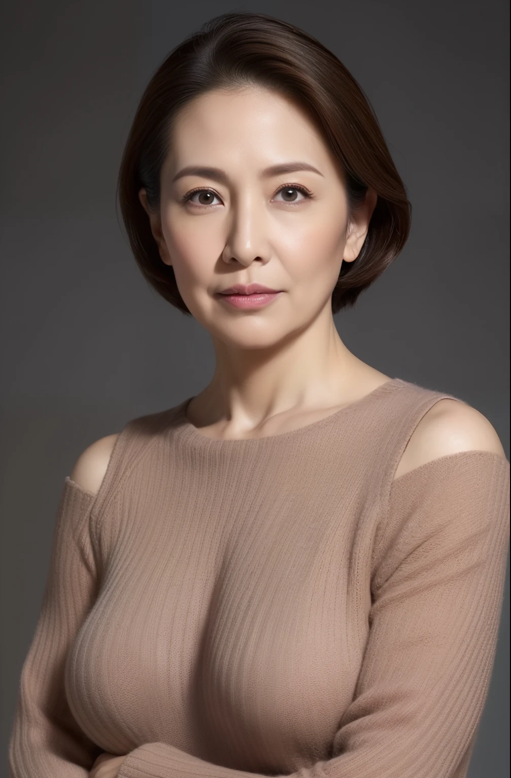 hight resolution, high-level image quality, high detailing, ​masterpiece, Textured skin, tre anatomically correct, sharp, greybackground((japanese mature, 55 years old)), 独奏, ((Wrinkles on the face)), large breasts with good shape, Straight light brown hair that reaches to the shoulders, chubby figure (((erect through, facing the center of the screen.))), Close your mouth and look straight ahead with a serious face, Sweaters, skirt by the, ((cowboy  shot)),