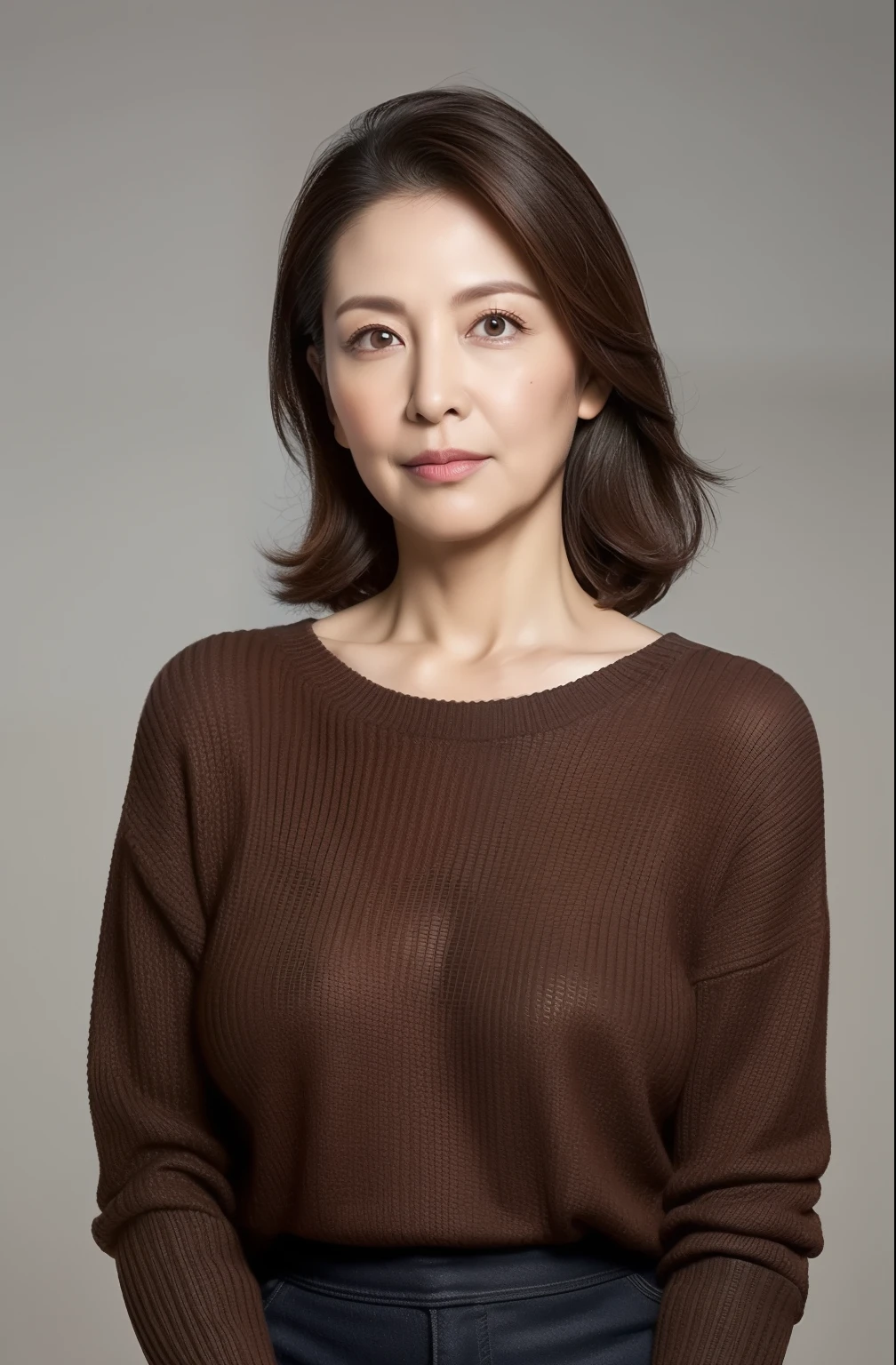 hight resolution, high-level image quality, high detailing, masterpiece, Textured skin, tre anatomically correct, sharp, greybackground((japanese mature, 55 years old)), 独奏, ((Wrinkles on the face)), large breasts with good shape, Straight light brown hair that reaches to the shoulders, chubby figure (((erect through, facing the center of the screen.))), Close your mouth and look straight ahead with a serious face, Sweaters, skirt by the, ((cowboy shot)),