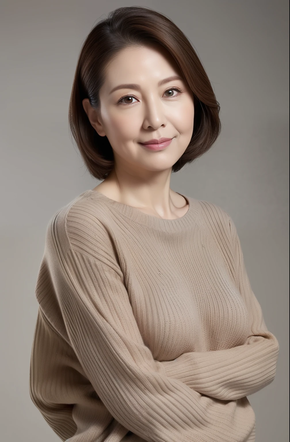 hight resolution, high-level image quality, high detailing, masterpiece, Textured skin, tre anatomically correct, sharp, greybackground((japanese mature, 55 years old)), 独奏, ((Wrinkles on the face)), large breasts with good shape, Straight light brown hair that reaches to the shoulders, chubby figure (((erect through, facing the center of the screen.))), Close your mouth and look straight ahead with a serious face, Sweaters, skirt by the, ((cowboy shot)),