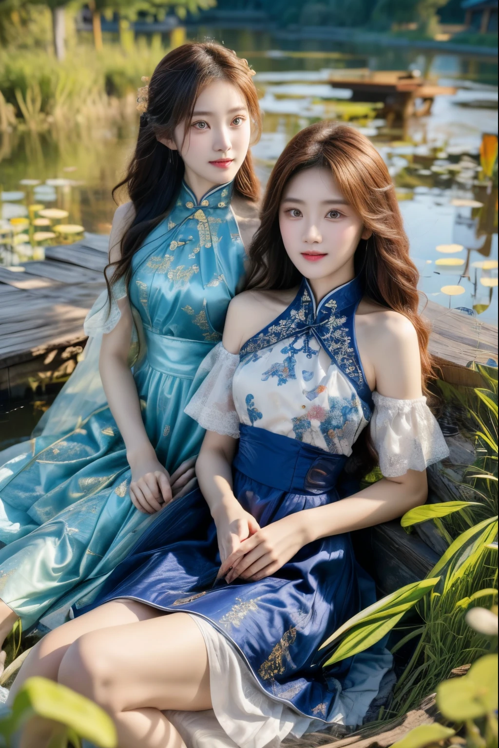 All faces and pictures must be different, high quality, highly detailed, a stunningly photorealistic photo of two beautiful Chinese women,babyfaced, intricate detailed eyes,open shoulders,skirtlift,where two mysterious women sits by the edge of a pond, capturing a romantic atmosphere under the starry sky.