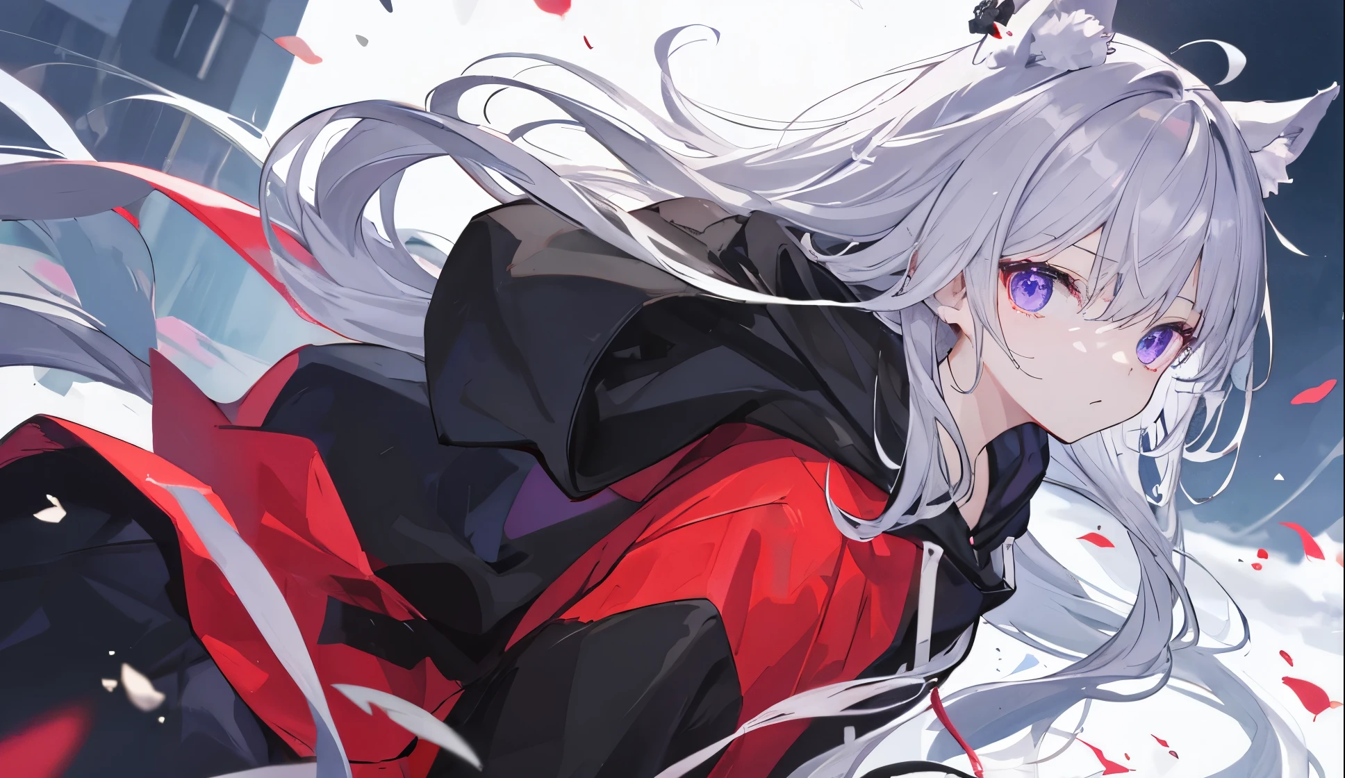 ((Best Quality)),up、Wearing a black hoodie、looked lonely、He had gray hair and furry ears.、eyes are purple、wolf girl。The back is black。The wind is blowing、Hair is fluttering。