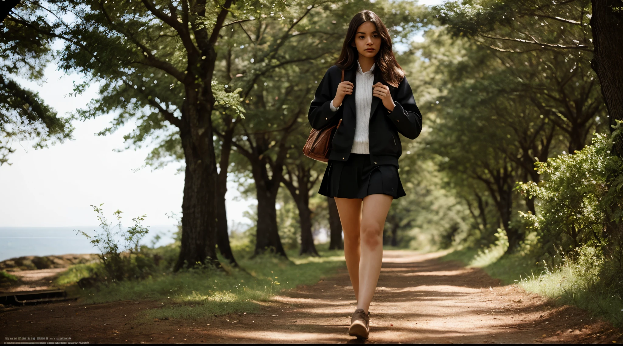 There is a woman, schoolgirl de 20 anos, who is walking along a path in the forest, girl walking towards the camera, na floresta, saia plissada xadrez, Caminhando ereto em uma floresta, Caminhando na floresta, schoolgirl, Caminhando na floresta, no caminho da floresta, desfrutando de um passeio na floresta, caminhando em uma floresta, menina que caminha na montanha, Passeando na floresta