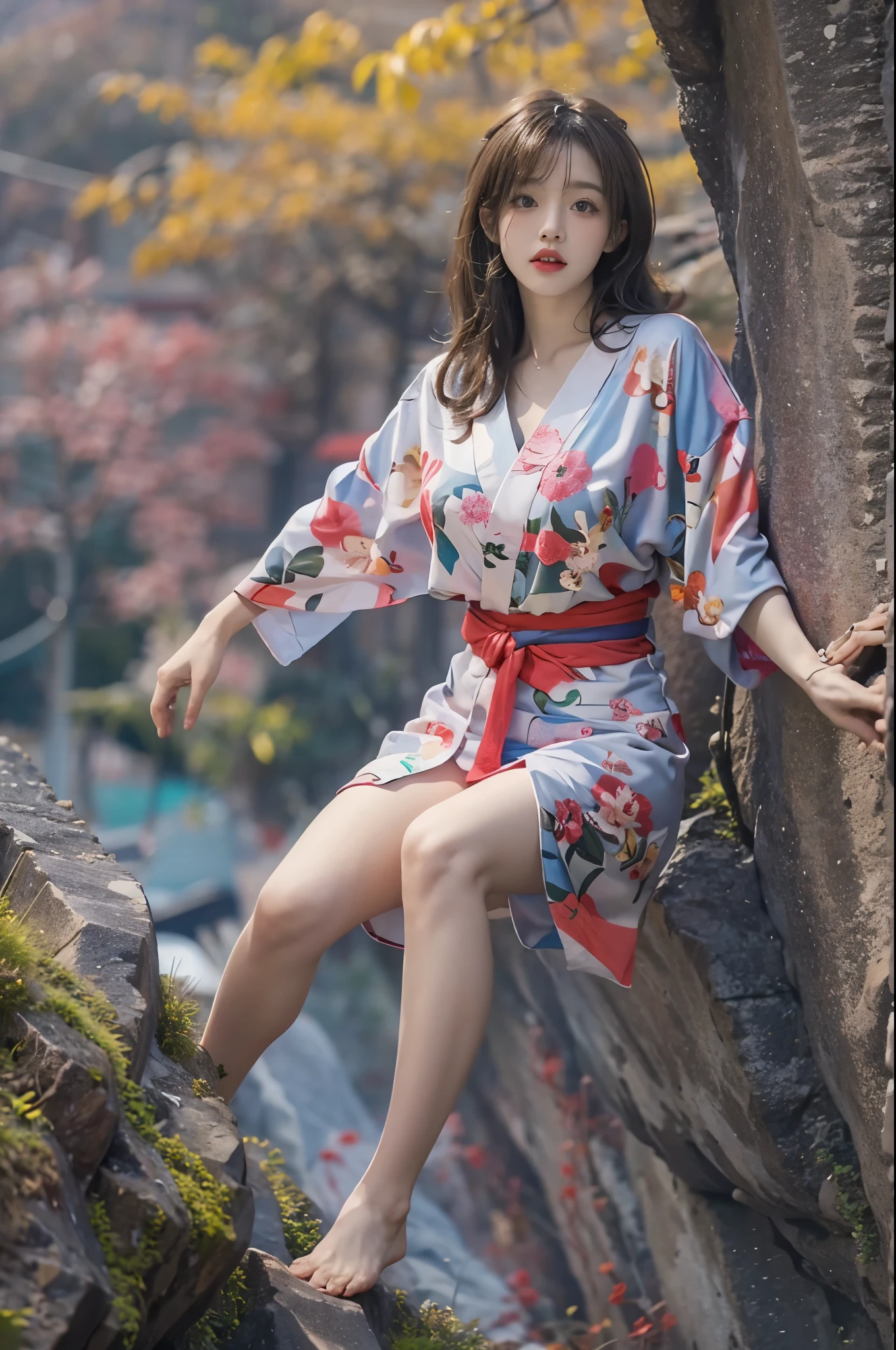 Rock Climbing、dynamicposes、Female, 28 years old、Brunette disheveled hair、Sexy Kimono、Overexposed、beutiful breast、large full breasts、beautiful thigh、花魁