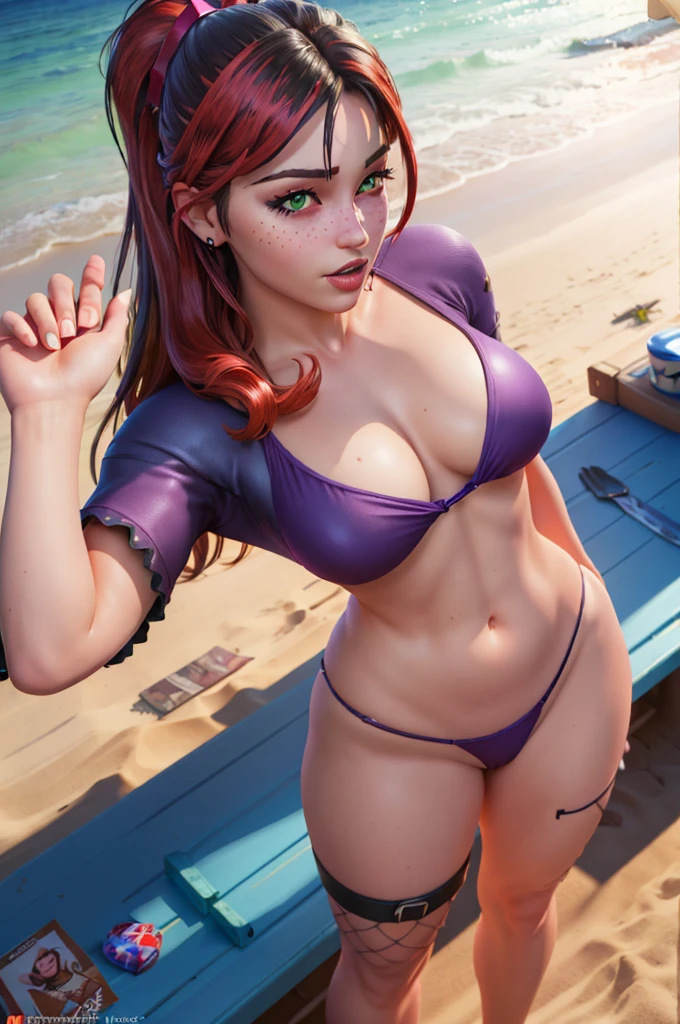 (4k, best quality, masterpiece:1.2), (realistic, photo-realistic:1.37),helsie, drinkin on a beach, standing, , purple bikini, fishnet, green eyes, freckles, thick things, aroused, horny