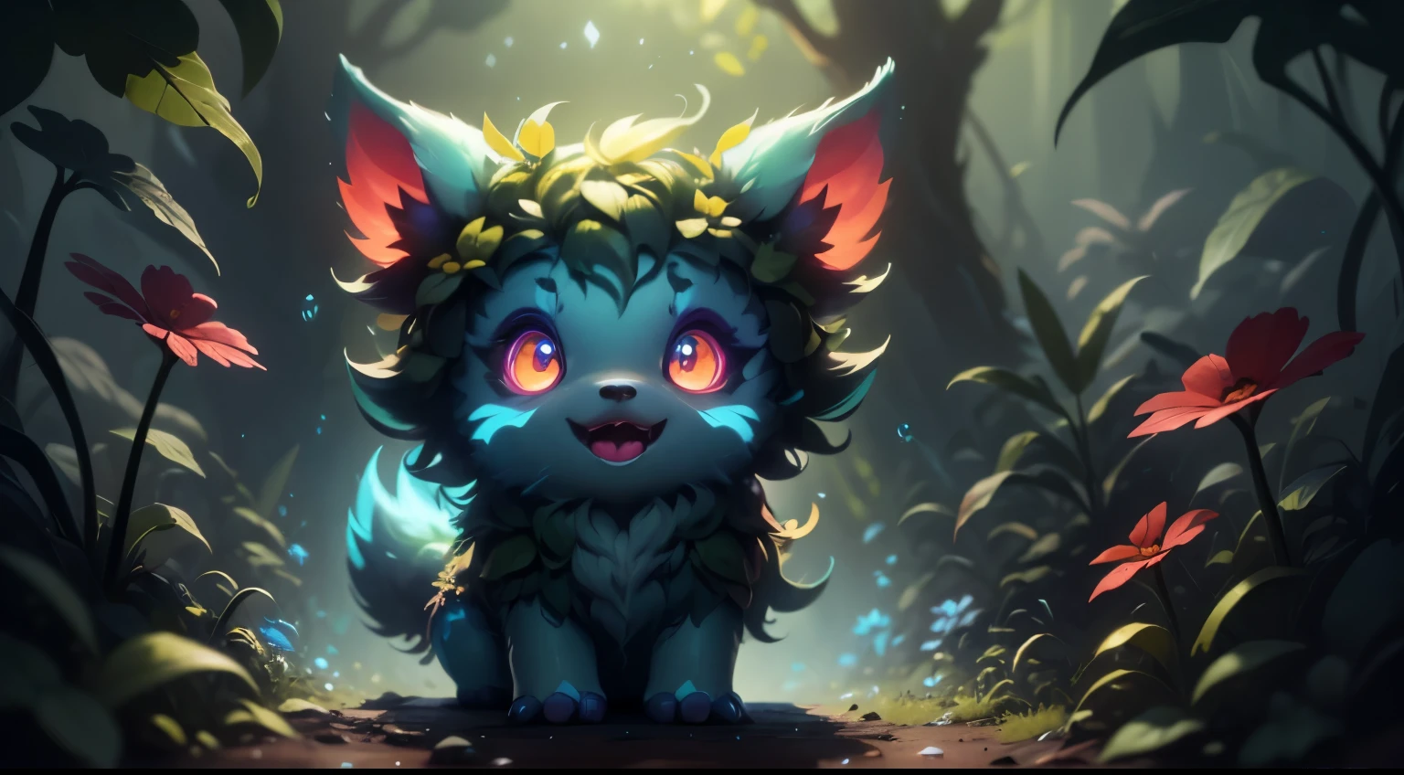 Grainy, very detailed, intricate details, dynamic lighting, realistic, cinematic, natural lighting, M0NST3Rfy3, wolf cub, red glowing eyes, :P, (fluffy: 1.2), glowing stripes, dark forest, dark theme, open mouth, lots of teeth, abyss in the mouth,