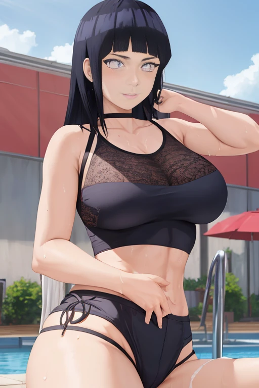 masterpiece, absurdres, 1girl, Model of Calvin Klein Brand. Hinata\(shippuden\), floating hair, wind. masterpiece, absurdres , (intricate details), (colorful),cinematic lighting,bust shot,extremely detailed CG unity 8k wallpaper 1girl, solo, High Waist crop tank top Swimsuit, High waist bottom like shorts. Swimming Pool Background. Feet inside water. Peoples are staring at Hinata for being so Attractive looking. athletic Abs detailed, biceps triceps pumped up, body sweat glow, sweat on her body, Slutty Wide hips, Attractive curvy butt. Heart shaped Lips, Painted Lips shine. detailed eyes, blushed, Adorable Facial, looking at viewer, Posing as a Pro Model.