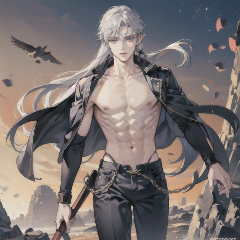 (absurdres, highres, ultra detailed), 1man, 30 years old man, adult man, handsome, tall,, finely detailed eyes and detailed face, black leather pants, no shirt, open chest, night, smile, dutch angle, ((very long hair,  white hair)), (((wolf ears))), wolf white tail, moon, forest, black horns in his head, silver details, earrings, black chocker, gothic, dark, black simple dress, looking at the view, pale skin, eyeliner, dog collar, (((open chest))), leather jacket, (masculine), sexy, closed eyes