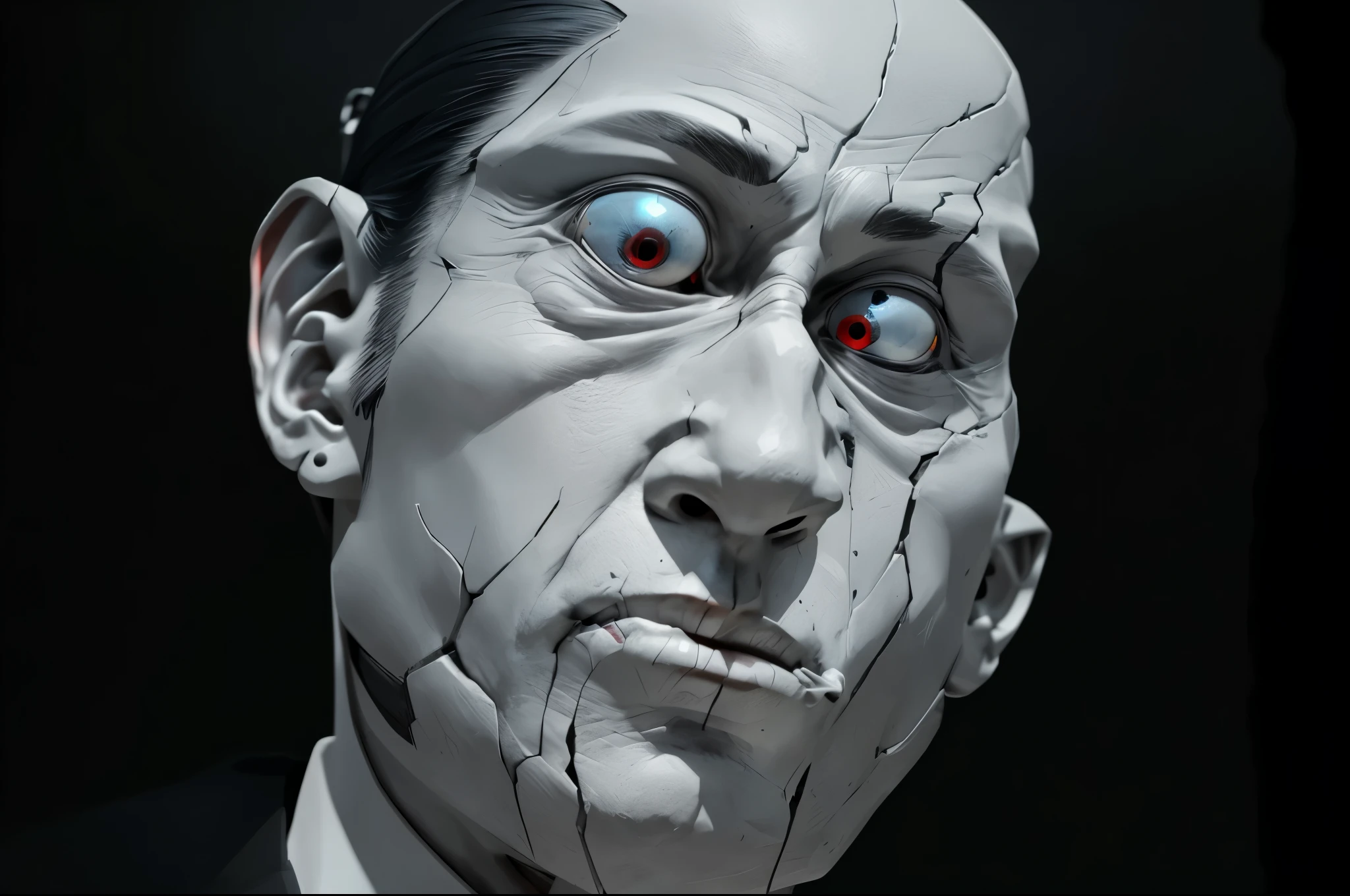 Rough head of a man with white face and red eyes, extra detailed face and body, detailed portrait of a cyborg, cyborg portrait, subsurface scattering skin, high-detail iconic characters, extra detailed face, Cyborg closeup, detailed humanoid, portrait of male humanoid, Cracked. Biomechanical cyborg