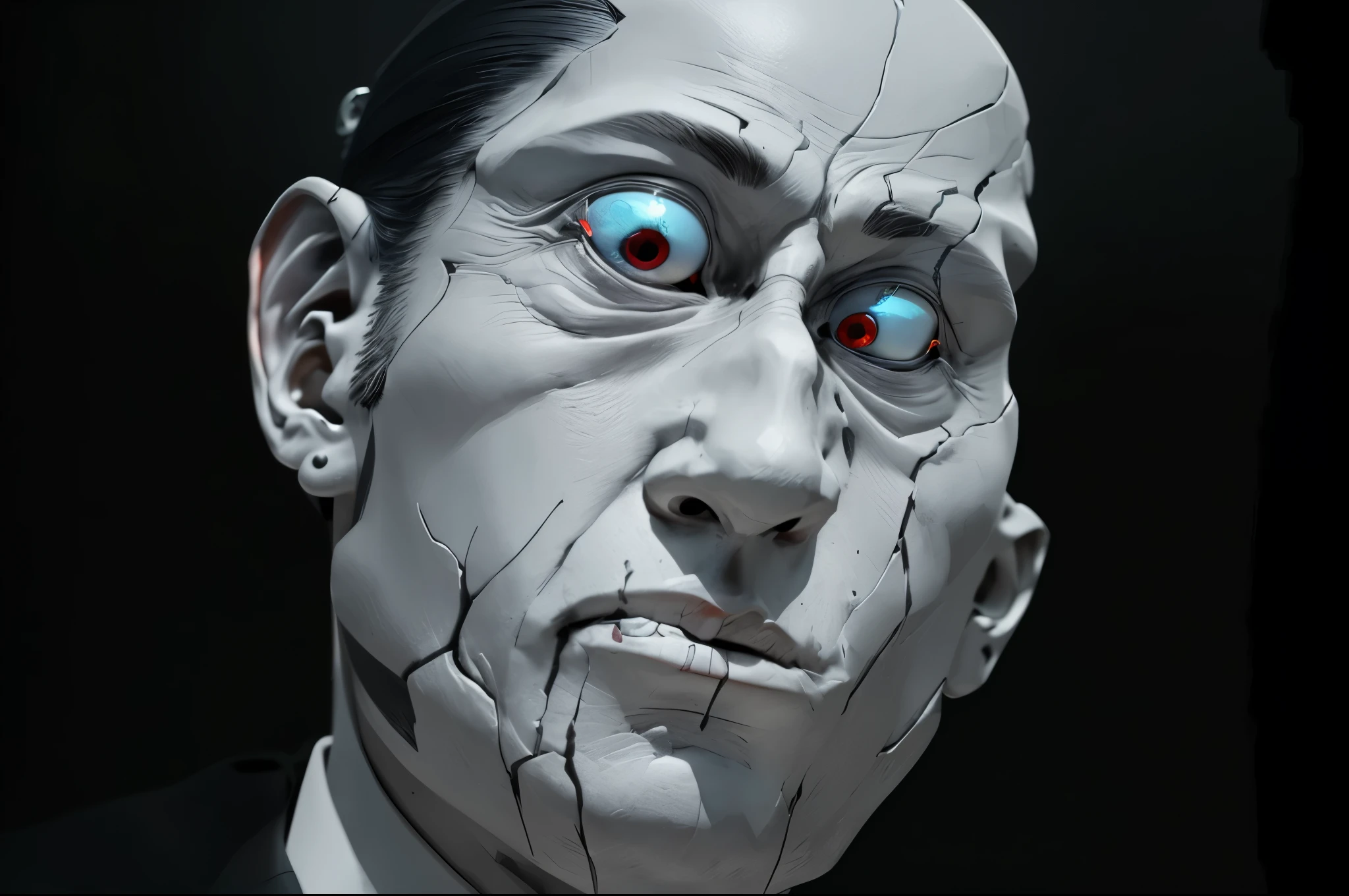 Rough head of a man with white face and red eyes, extra detailed face and body, detailed portrait of a cyborg, cyborg portrait, subsurface scattering skin, high-detail iconic characters, extra detailed face, Cyborg closeup, detailed humanoid, portrait of male humanoid, Cracked. Biomechanical cyborg
