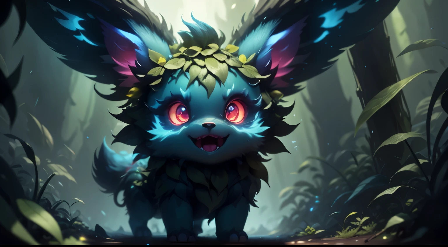 Grainy, very detailed, intricate details, dynamic lighting, realistic, cinematic, natural lighting, M0NST3Rfy3, wolf cub, red glowing eyes, :P, (fluffy: 1.2), glowing stripes, dark forest, dark theme, open mouth, lots of teeth, abyss in the mouth,