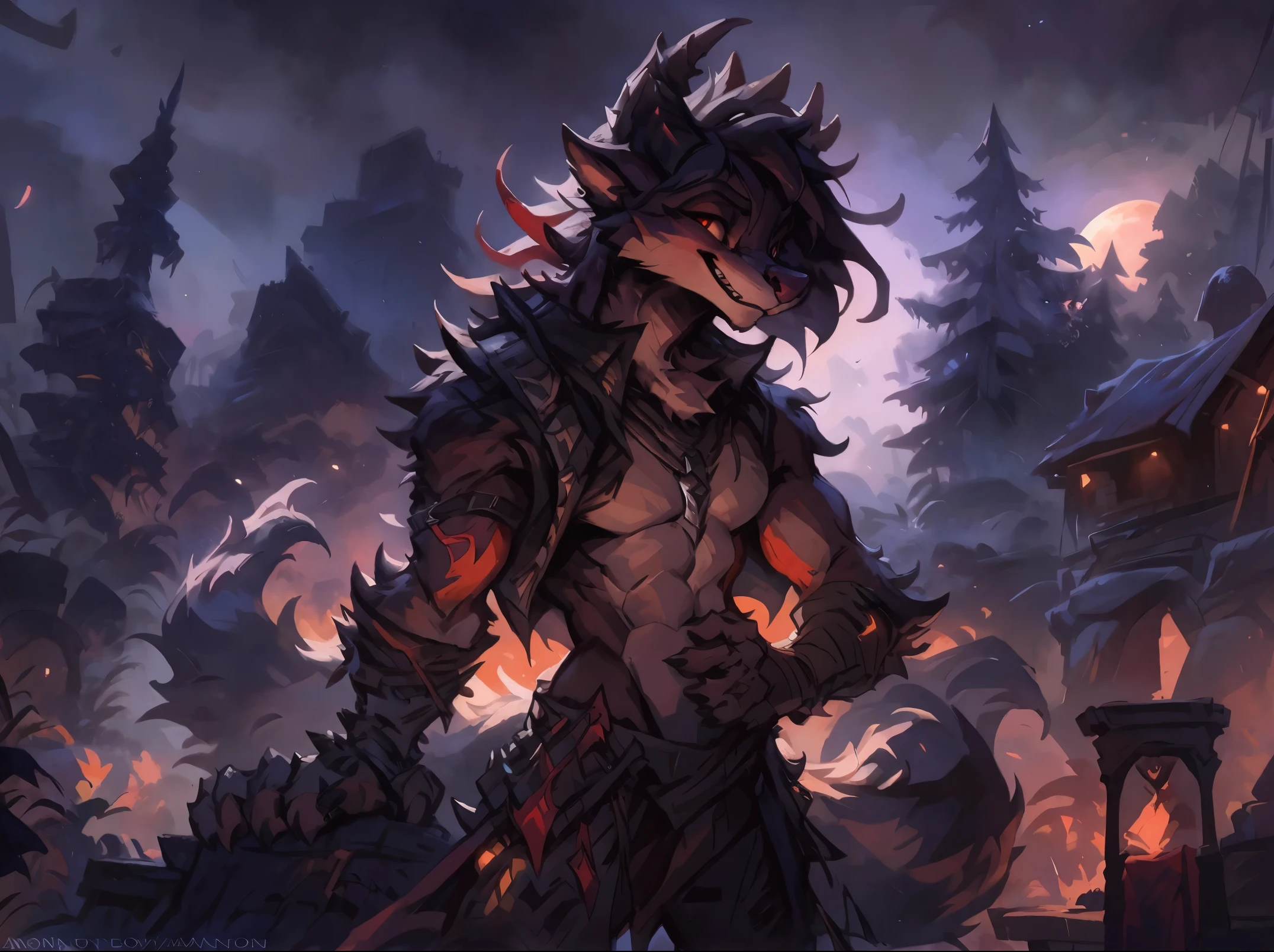 infernal demon of chaos from the abyss, big chest, night, , detailed, uploaded to e621, beautiful and detailed portrait ((male))) kenket, ross tran, ruan jia, bonifasko, uploaded to e621, zaush, foxovh, wide hooves, large horns, many spikes, movie lighting, long tail, standing, moon lights, open legs, long hair