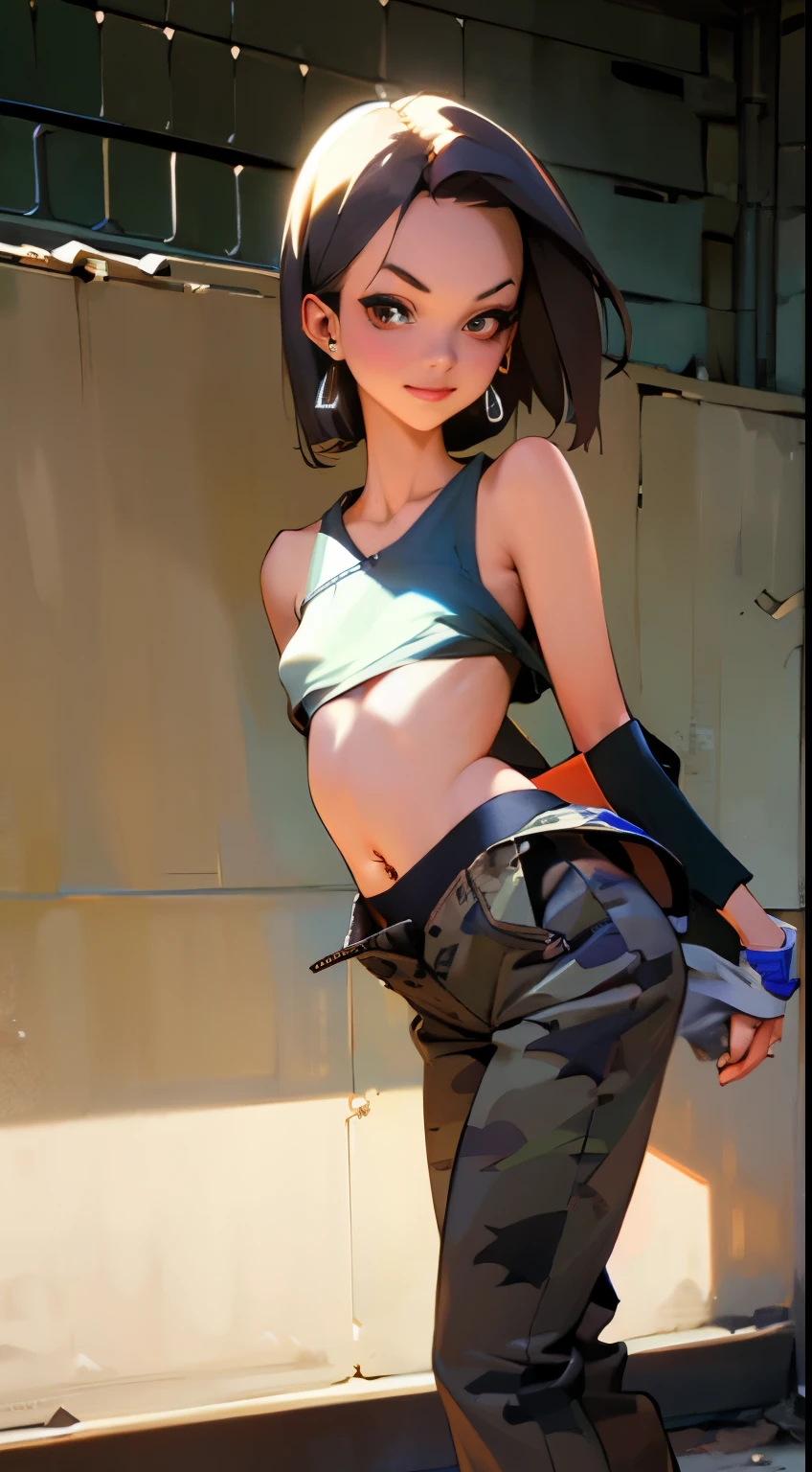 Photorealistic photos,best qualityer,A masterpiece in the Japanese style:enviroment:the night,the street,Graffiti on alleys and walls,neonlight,Young brunette hair,in her 20s,Brown eyes,big earrings,Silver short bob hair,perfect body figure,Slender buttocks, bare breasts, brown nipples exposed,Add a piercing to your belly button,Loose military pattern camouflage pants open to reveal black underwear,White sneakers,Naughty smile,light make-up,Hip-hop pose,Added a stray black cat