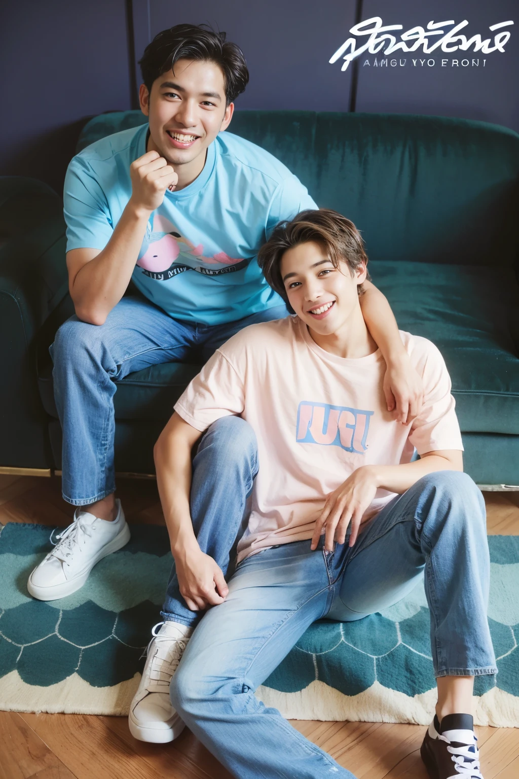 Two boys posing for pictures one sitting down and one on sofa