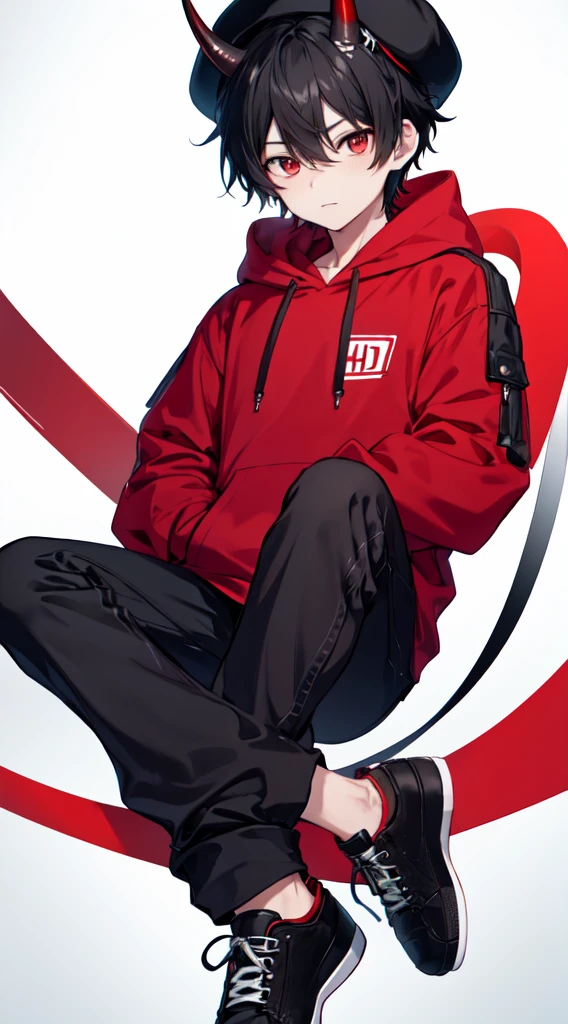 1boy, Male, curve horn, black hat, red mix black hoodie, black Jean, white shoe, black hair, HD, 4k, high detail, short hair,