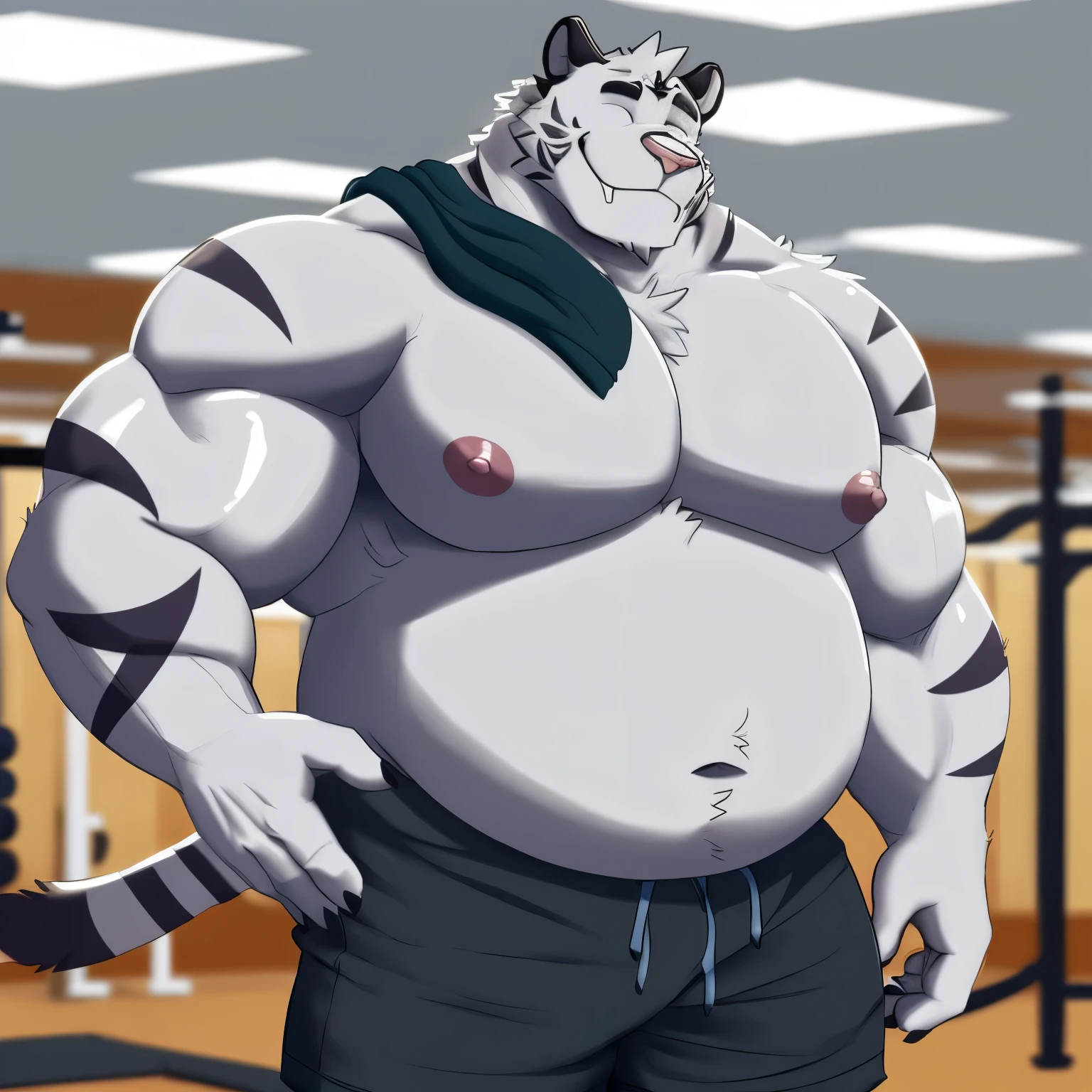 axel cosmas , solo, towel on shoulder,black shorts plump, huge, gym background, nipples, big fat belly, big ass, eyes shut, standing, 5 fingers, musclegut body, lineart, normal eyes, wet body, macro body, massive body, huge pecs