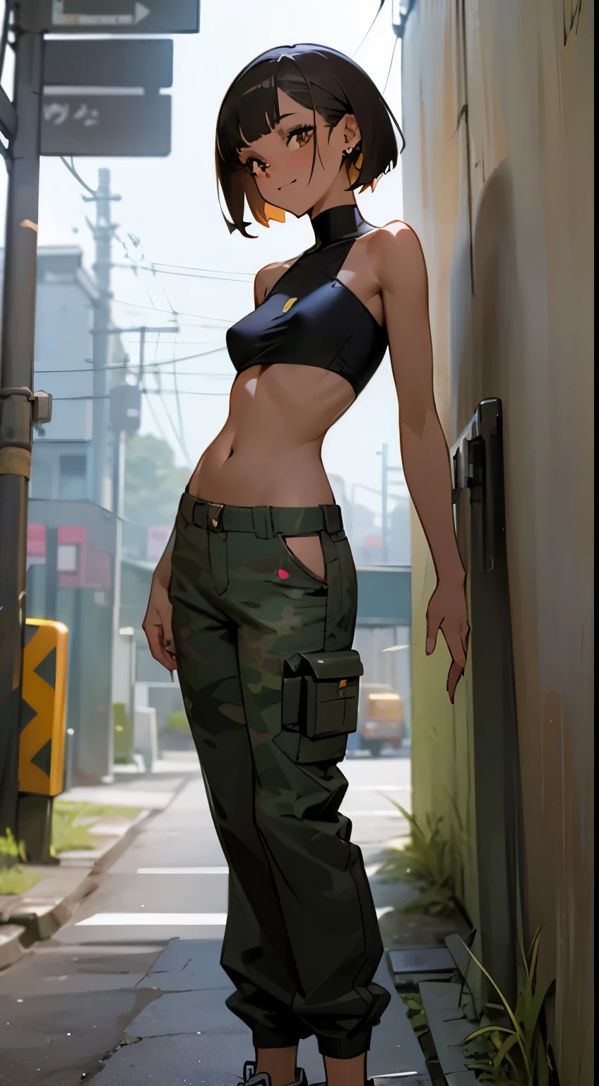 Photorealistic photos,best qualityer,A masterpiece in the Japanese style:enviroment:the night,the street,Graffiti on alleys and walls,neonlight,young dark skinned woman,in her 20s,with brown eye,big earrings,Silver short bob hair,Perfect body and well-defined buttocks,Naked small breasts showing brown nipples,Bare shoulders and belly,Add belly button,Military pattern wide camouflage pants open to reveal black underwear,White sneakers,Naughty smile,light make-up,hip hop posing,Add a black stray cat