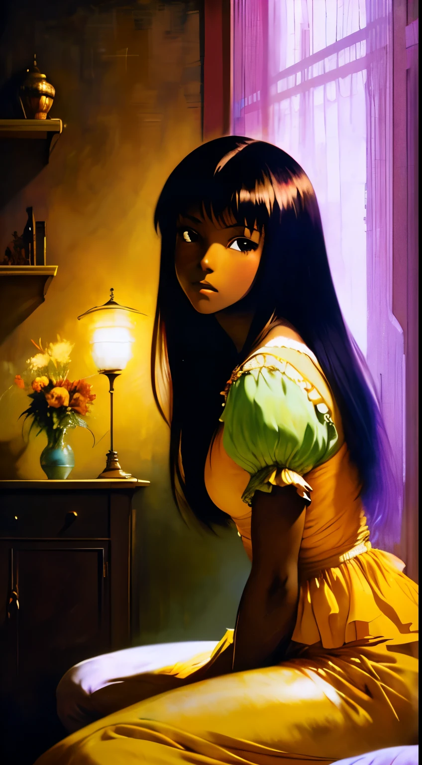 ((Centered,Solo Beautiful Carribean woman with dark skin, big striking eyes)), casual shirt, mid shot, low angle, sitting against a colorful shadowed painted bedroom wall, art by akihiko yoshida, manga art style, colorfield illustration, mysterious atmosphere, global illumination, by frank frazetta, by goro fujita, blur, anime key visual, (blue, yellow and peach colors), photorealistic, dramatic, long black hair, intricately detailed, chiaroscuro, pino daeni, impressionist