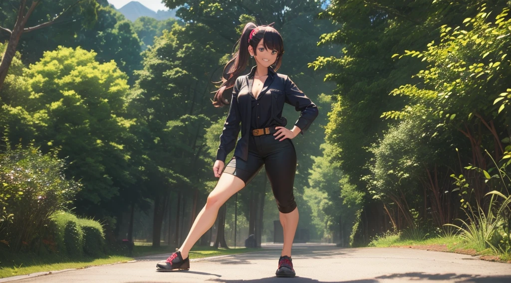 1girl, solo, ((full body)), village, trees, colorful hair, curly hair, ponytail, large breasts, button down shirt, ninja, ((black shirt)), ((unbuttoned shirt)), ((short sleeved shirt)), blue eyes, black shorts, katana, grin, looking at the viewer, ((standing)), hair ribbon, bandage