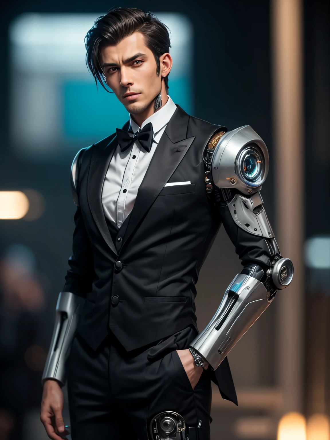posh,(((Handsome cyborg butler,(((Metal skin,Robot features))),Complicated detailackground bokeh