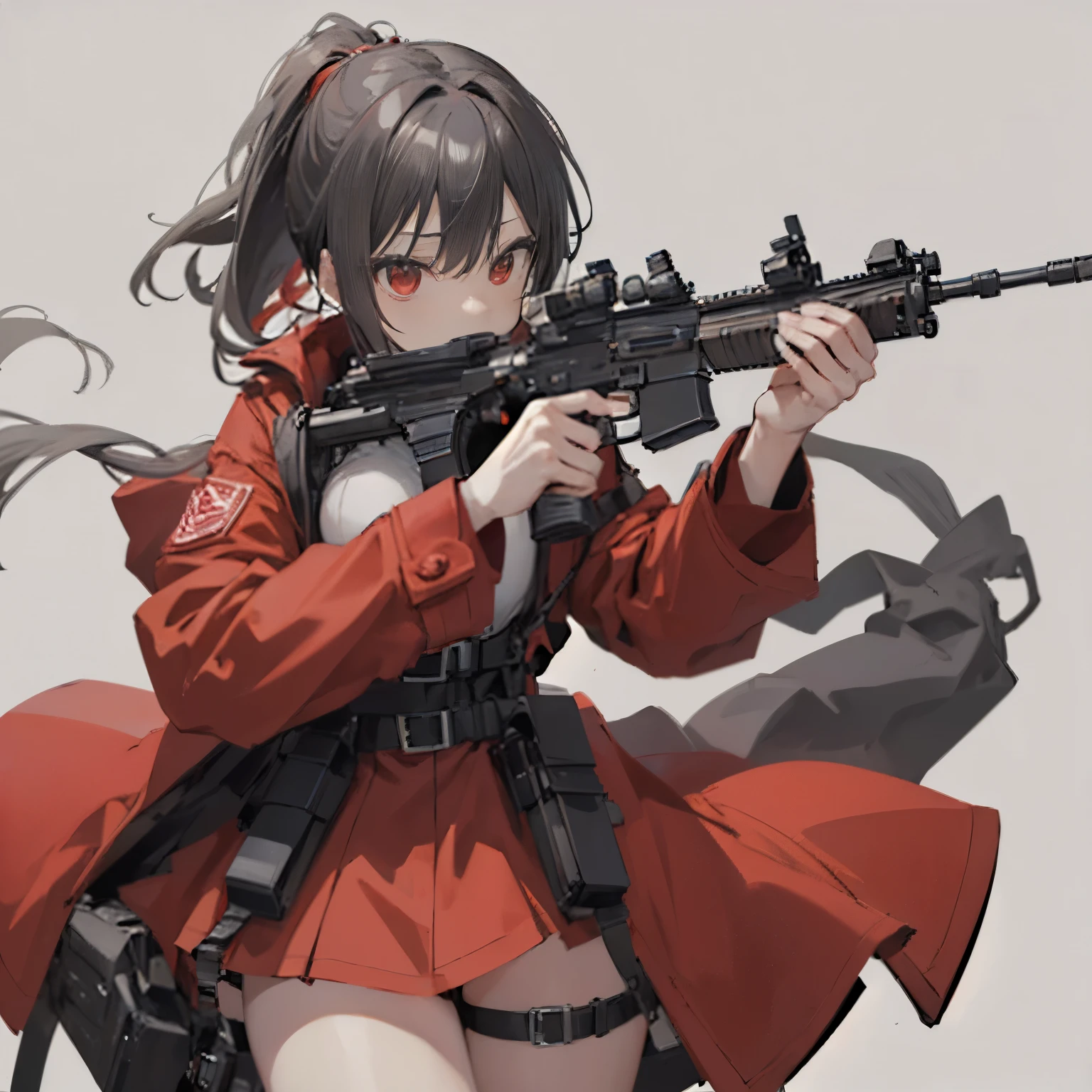 (masutepiece:1.2, Best Quality),  [1 girl, expressioness, (oversized red coat:1.5), Black hair, Low ponytail, Red Eyes, body harnesses,black military uniform,  ] (Gray white background:1.5),  (Holding a Rifle:1.5,Aiming),