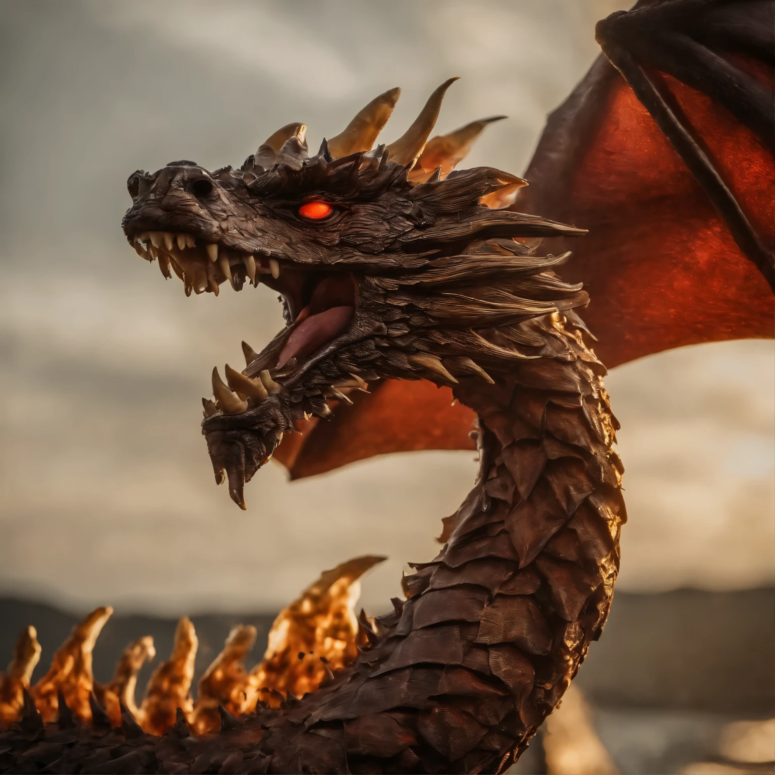 Golden Dragon,stern red eyes,Close-up of blood and fire release in nasal cavity,Balance,high high quality,8K,A lot of detail,Fire lettuce,Alas,4 legged,spotted paw,golds,dangers,fires,fang,Great dragon,immensity,threatening,Momentum