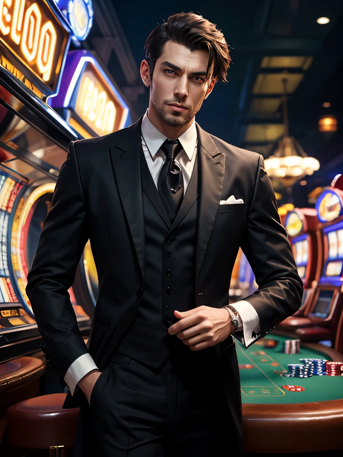casino,(((Handsome cyborg butler,Metal skin,Robot features,Complicated detailackground bokeh
