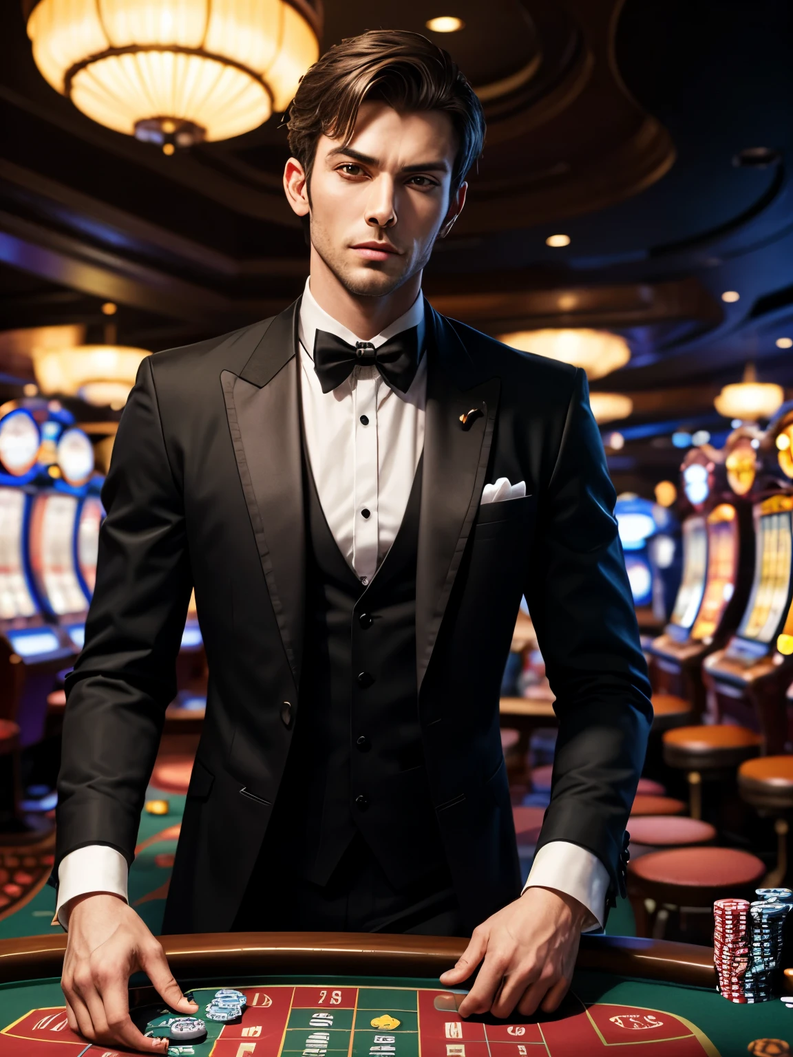 casino，（（（Handsome cyborg butler，Metal skin，Robot features，Complicated detailackground bokeh