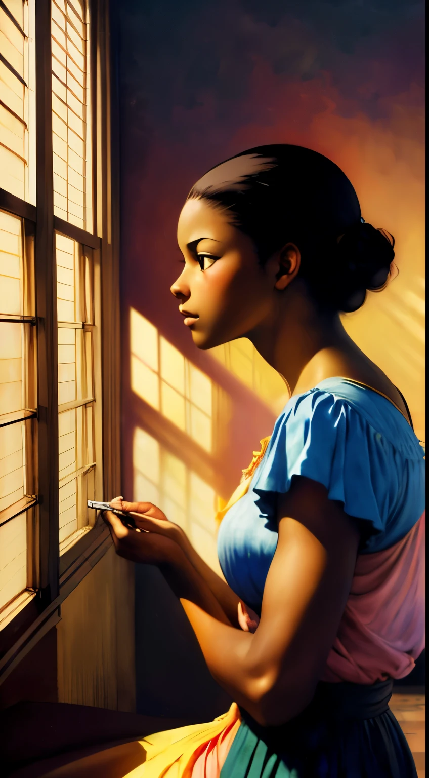 ((Centered,Solo Beautiful Carribean woman with dark skin, big striking eyes)), casual shirt, mid shot, low angle, colorful shadowed painted bedroom wall, sitting under a window, art by akihiko yoshida, manga art style, colorfield illustration, sad atmosphere, global illumination, by frank frazetta, by goro fujita, blur, anime key visual, (blue, yellow and peach colors), photorealistic, dramatic, black hair, intricately detailed, chiaroscuro, pino daeni, impressionist