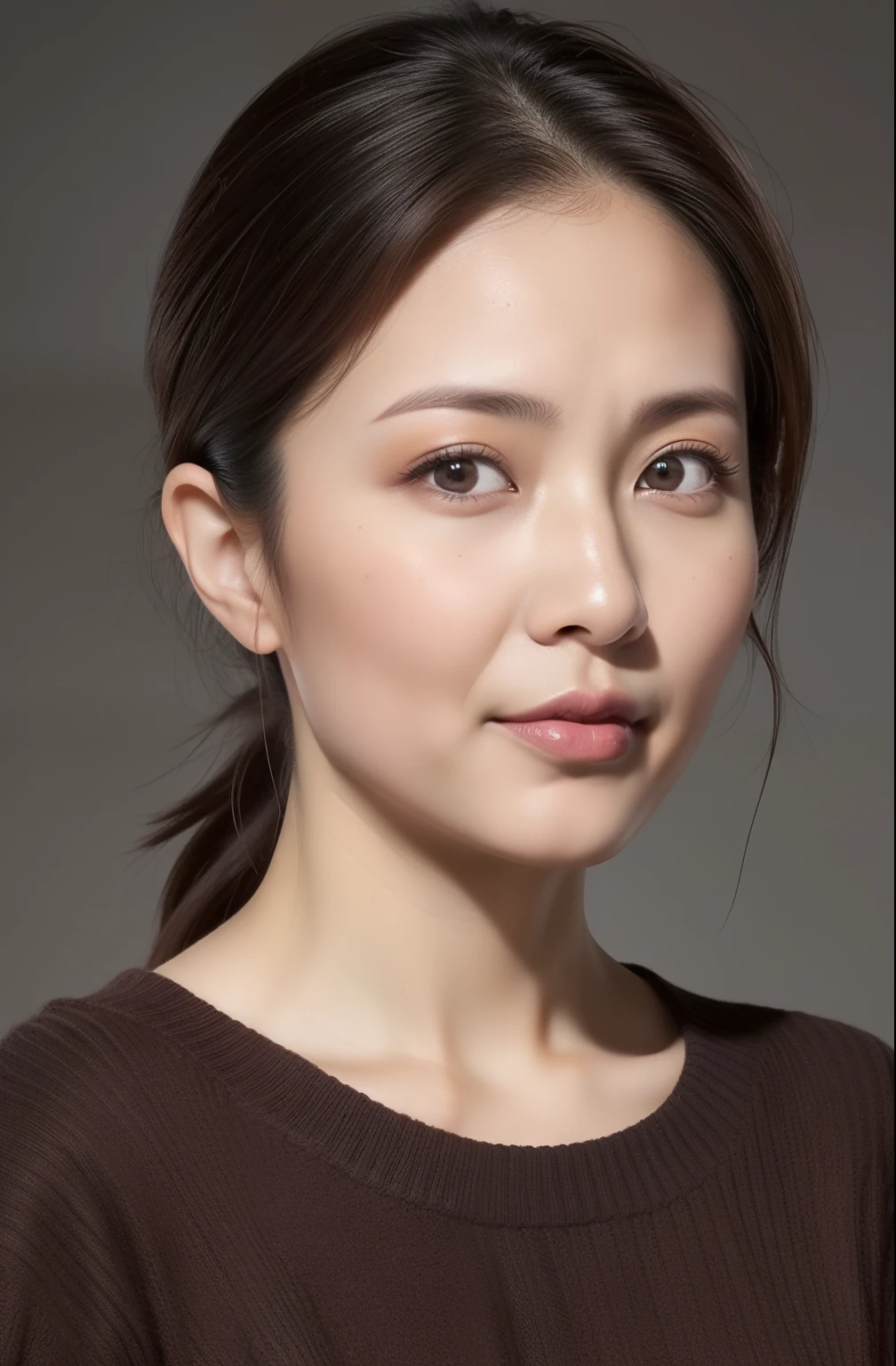 hight resolution, high-level image quality, high detailing, ​masterpiece, Textured skin, tre anatomically correct, sharp, greybackground((japanese mature, 25 years old)), 独奏, ((Wrinkles on the face)), large breasts with good shape, Straight light brown hair that reaches to the shoulders, chubby figure (((erect through, facing the center of the screen.))), Close your mouth and look straight ahead with a serious face, Sweaters, skirt by the, ((cowboy  shot)),