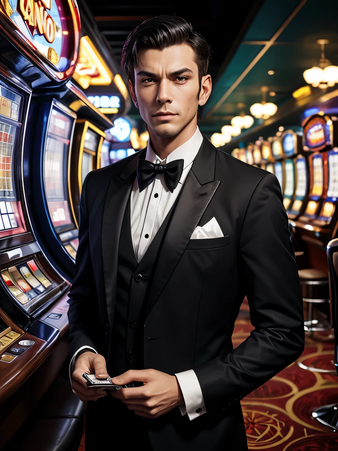 casino，Handsome cyborg butler，Metal skin，Robot features，Complicated detailackground bokeh