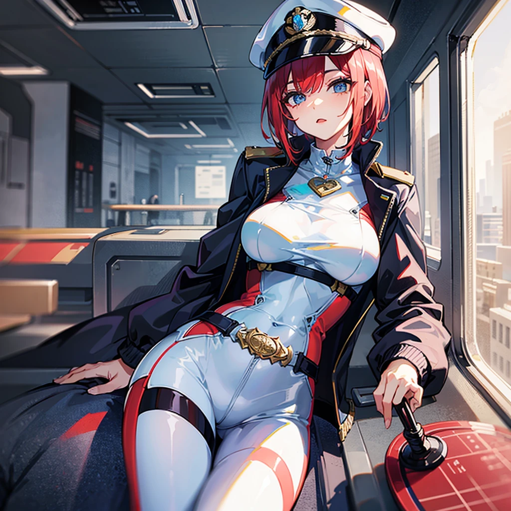 （（（​masterpiece、Top image quality、top-quality、highly detailed unity 8ｋwall-paper）））、（Illustration of one woman）、30-years old、（Viceroy）、（（Red-haired shorthair））、（Thin hair hanging down both sides of the face）、Blue eyes、（（Tall））、（（Muscle Woman、stocky build、muscular legs、broad shoulders、solid chest））、（（Military uniforms））、（（Military Cap））、（（Military coat））、（white  clothes）、（White pants）、（White cap）、trench coat、（（（Inside a futuristic spaceship、Sitting in the captain's seat、The Universe on the Monitor）））