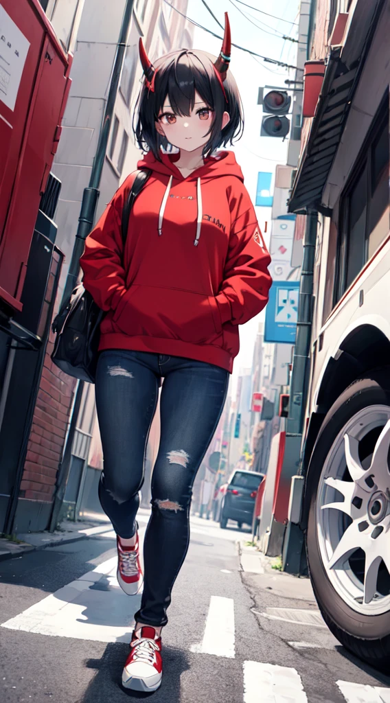 1girl, female, curve horn, red mix black hoodie, black Jean, white shoe, black hair, HD, 4k, high detail, short hair,