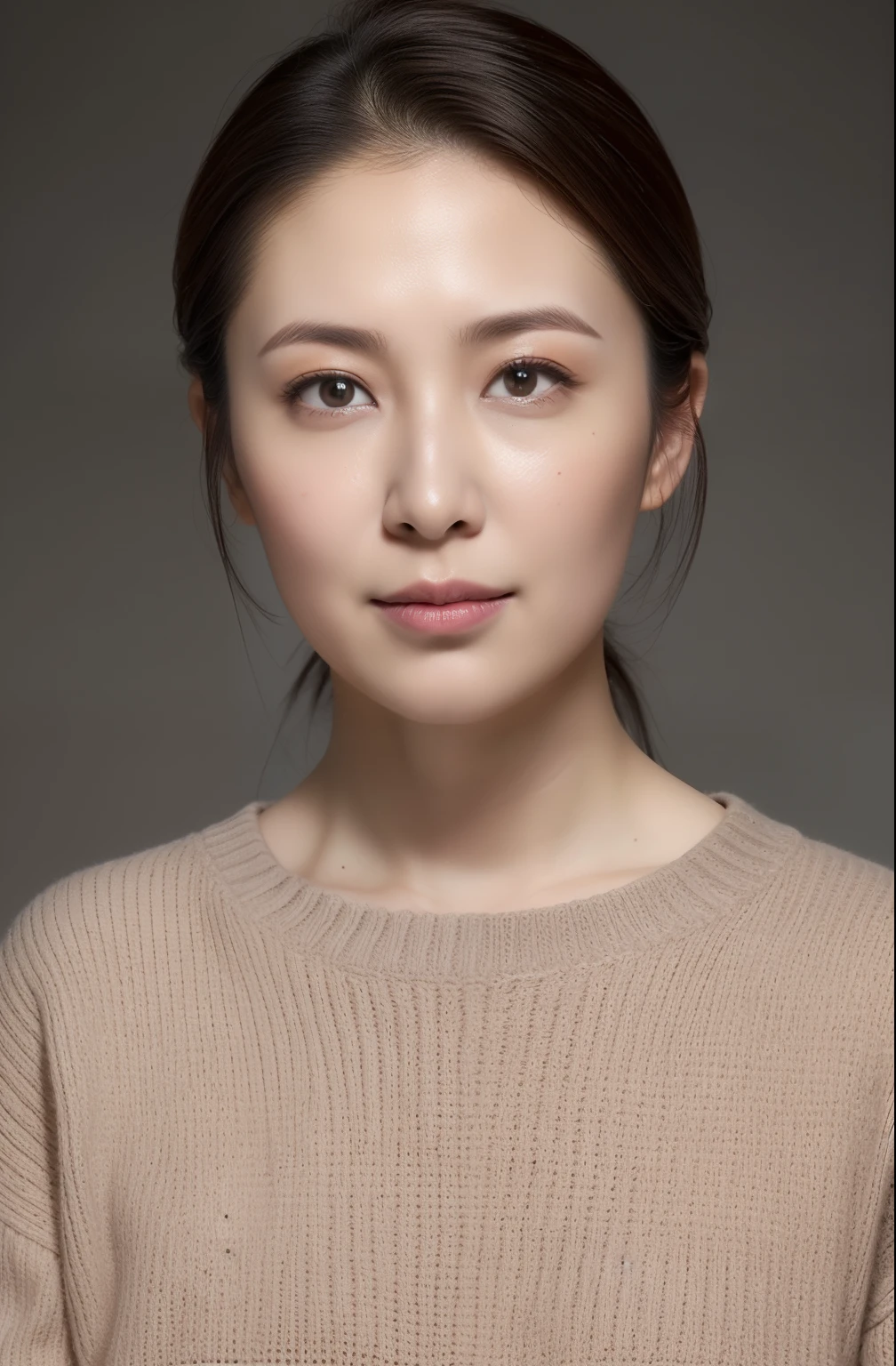 hight resolution, high-level image quality, high detailing, masterpiece, Textured skin, tre anatomically correct, sharp, greybackground((japanese mature, 25 years old)), 独奏, ((Wrinkles on the face)), large breasts with good shape, Straight light brown hair that reaches to the shoulders, chubby figure (((erect through, facing the center of the screen.))), Close your mouth and look straight ahead with a serious face, Sweaters, skirt by the, ((cowboy shot)),