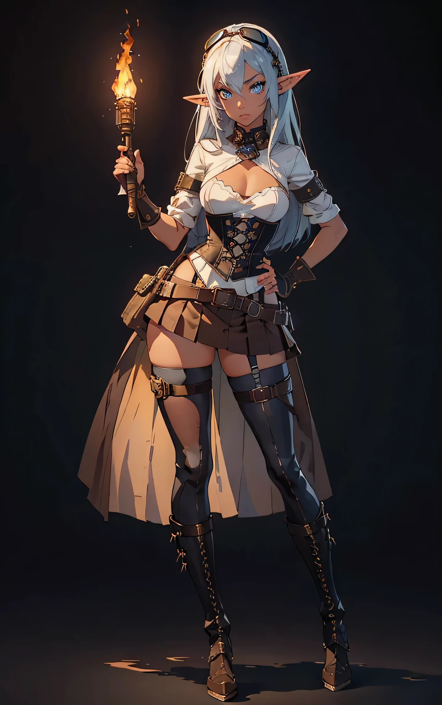 masterpiece, high quality, 1_woman, full body, holding torch, (exotic skin_complexion:1.4),mature, statuesque, tall, beautiful, exotic, with long elf ears, looking to the side, long silver and blue hair, detailed face having diamond shaped eyes, (blue eyes), (dark_eyeliner), long_eyelashes medium_bust, thigh gap, wearing Steampunk corset, chest window, brown shorts, crossing belts, (goggles on head), red tinted goggle lenses, long fingerless_gloves, belts with metal gears, (((brown half skirt))), hands on hips, black thigh highs with embroidery, knee boots with laces, dynamic lighting casts detailed shadows