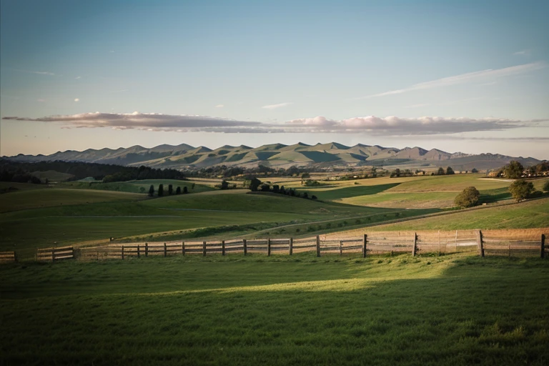 A simple landscape. Grass planes. Hills in the distance. Clear sky. An old fence