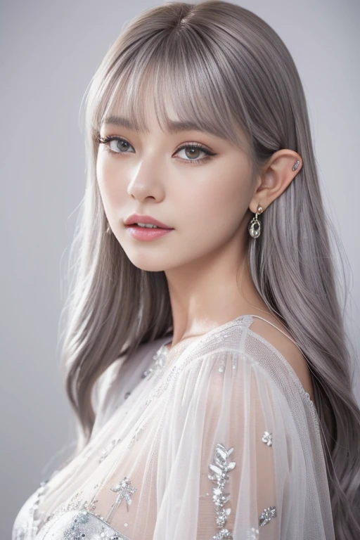(Best quality at best, tmasterpiece), 1 girl, beuaty girl, Brown_The eye, ((the hair color [Silver the hair], [Elf bangs] the hair)), 耳Nipple Ring, cparted lips, short- sleeved,actual, Willow waist, big breasts enchanting, colourful make-up, Long eyelashes, White skin of the, (cute big breasts), (Detailed face), 细节ed The eye, Detailsed iris,