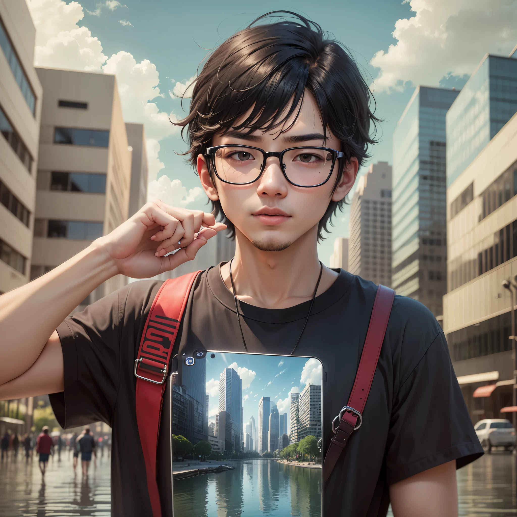 male student wearing a Water Resources University shirt, 1m81 tall, weighing 60kg, wearing glasses, a slightly dull, stupid face, standing next to a high-rise building --auto --s2