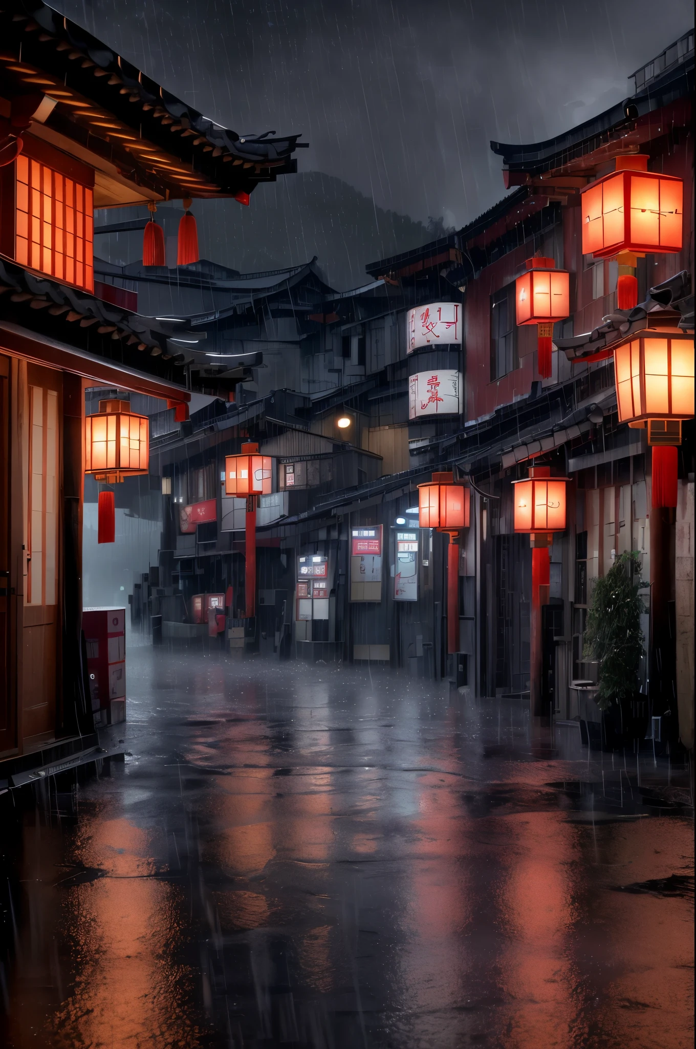 Arafed view of a village,a lot of lights on the buildings,dreamy Chinese towns,Chinese Village,amazing wallpapers,A Japanese town,Japanese village,surreal photo of a small town,old asian village,Japan city,corner store,rainy evening, Cyberpunk ancient Chinese castle, Well-lit building, In the evening in the rain, Beautiful and aesthetic, photography of, cinematic ligh, 8k, high detal ((very heavy rain)))