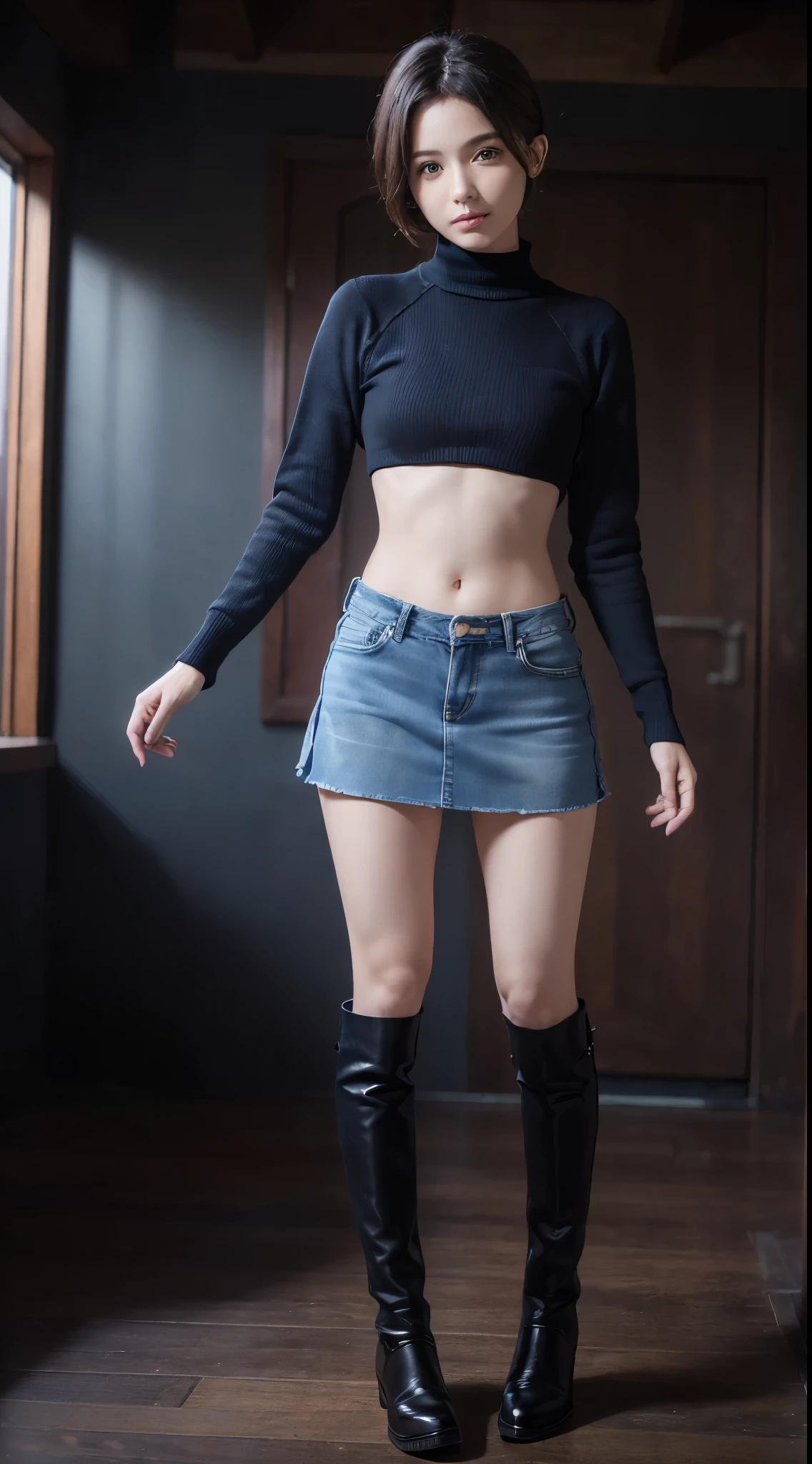 (masuter piece:1.3)、(8K、Photorealsitic、Raw photography、top-quality)、(1girl in)、美丽的面容、(Lifelike face)、(A dark-haired、short-hair:1.3)、Beautiful hairstyle、Realistic eyes beautiful details、(real looking skin)、Beautiful skins、enticing、超A high resolution、A hyper-realistic、high-detail、((7th class))、((大きくopen abdomen))、((open abdomen))、((大きくopen the lower abdomen))、((open the lower abdomen))、((大きくopen navel))、((open navel))、((Bare belly))、((exposed stomach))、((long limbs))、((Mid-Riff Sweater))、((Ultra-low rise、Denim Mini Skirt))、 ((Navel Ejection))、((Full body depiction))、((small hip))、(long boots)、((Ultra-low rise))、 ((Denim Mini Skirt))、((is standing))、((7th class))、((大きくopen abdomen))、((open abdomen))、((大きくopen the lower abdomen))、((open the lower abdomen))、((大きくopen navel))、((open navel))、((Bare belly))、((exposed stomach))、((long limbs))、((Mid-Riff Sweater))、((Ultra-low rise、Denim Mini Skirt))、 ((Navel Ejection))、((Full body depiction))、((small hip))、(long boots)、((Ultra-low rise))、 ((Denim Mini Skirt))、((is standing))
