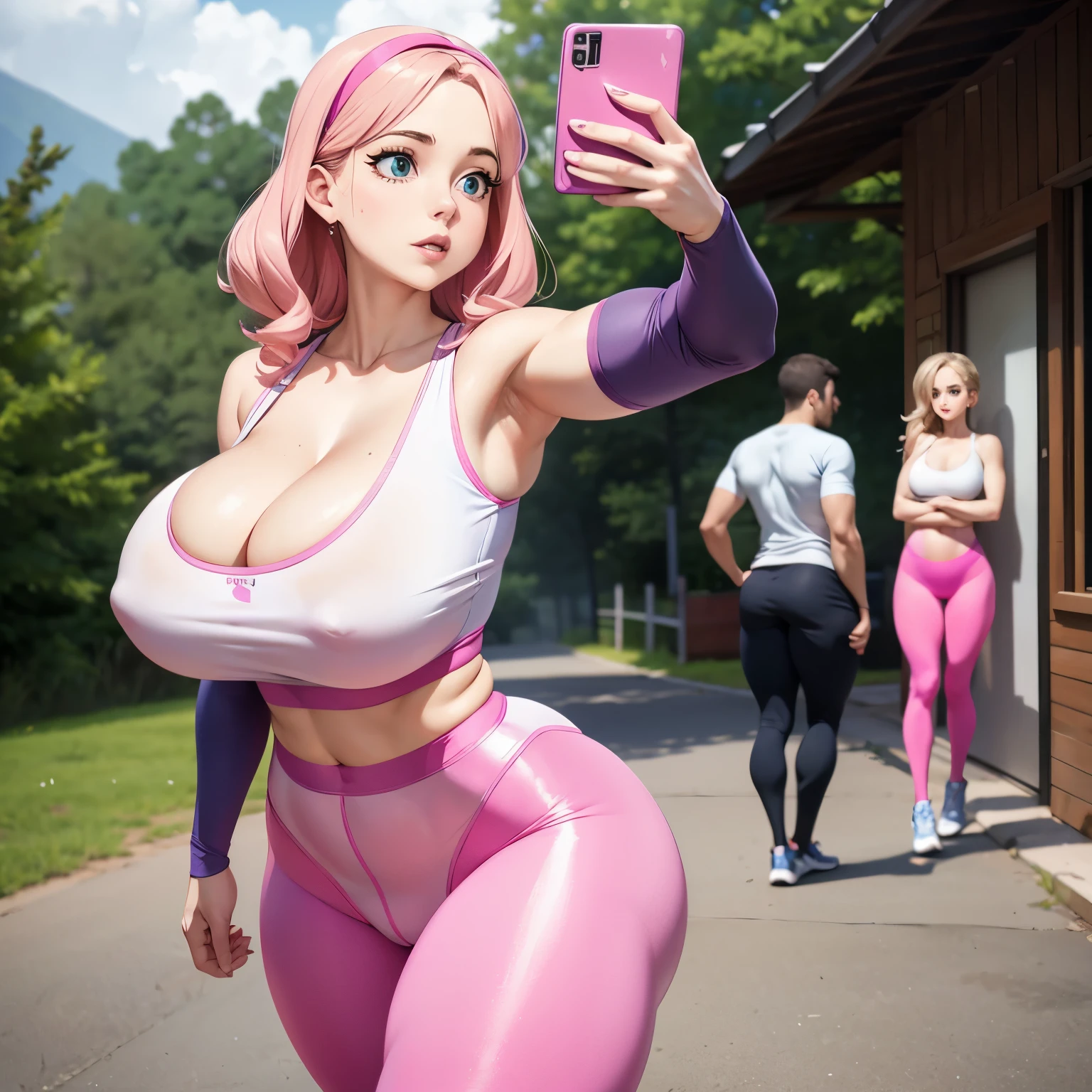 araffe in pink tights taking a selfie with her cell phone, thicc, tight outfit, skinny waist and thick hips, fit girl, fit pic, cottagecore!! fitness body, amouranth, pretty face with arms and legs, better known as amouranth, fit dainty figure, wearing tight simple clothes, tight attire, wearing tight shirt, 8k, Cleavage, big tits, round boobs fore