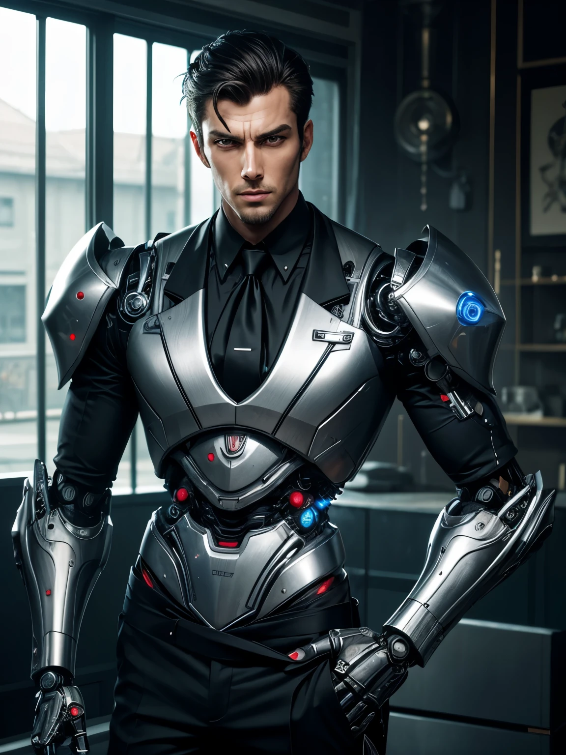 Handsome cyborg butler，Metal skin，Robot features，Complicated details