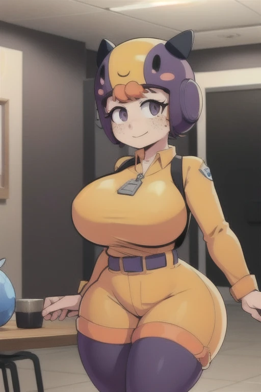 bsbea, solo, adult, (dark eyes), smile, yellow jumpsuit, shorts, purple belt, Purple Long Stockings, orange hair, (zipper tab), Freckles, (Hands behind your back), Purple sleves, helmet upper body, (detail eyes:1.1), (gigantic breasts), (wide hips), Bedroom, Lying on the table, ceiling, BREAK Wallpaper Unity 8K, (illustartion:0.8), extremely detailed face, perfect lighting, extremely detailed CGI