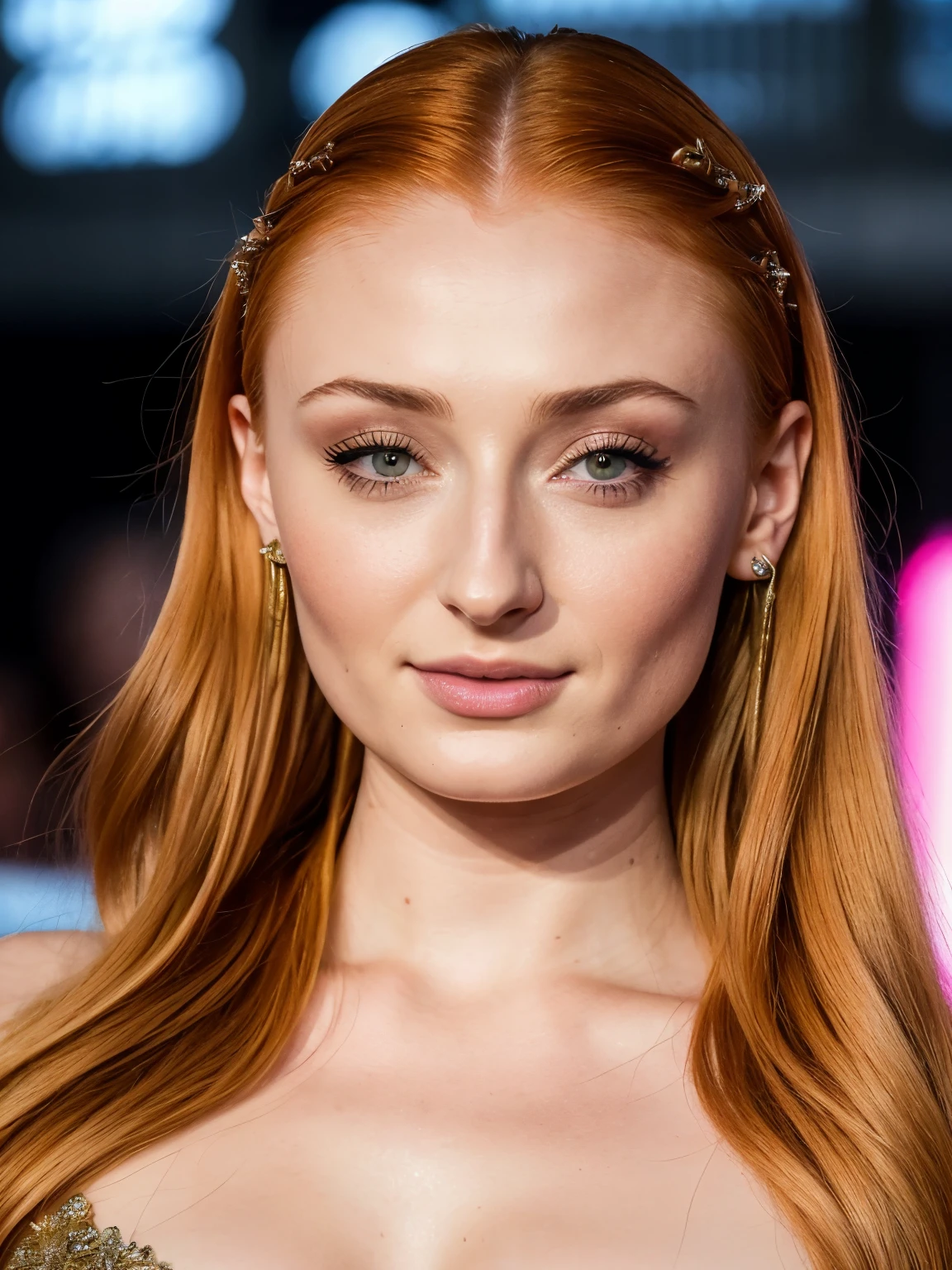 a stunning  photo Sansa Stark played by Sophie Turner, Game of thrones series stills, cinematic colour grading, gorgeous, Awesome, Attractive, Amazing, Beautiful, Breathtaking, Charming, Dashing, Dazzling, Elegant, Fantastic, Fabulous, Gorgeous, Hot, Marvelous, Magnificent, Mindblowing, Stunning  woman, woman smirking, natural lighting, epic character composition,sharp focus, film grain, Sophie Turner, the de facto Lady of the Eyrie, is a 40-year-old mature queen with a stunning, alluring appearance. She wears a Game of Thrones-inspired costume and has a deep cleavage, a perfect thick body, and a perfect thick body. The photo captures her in a close-up, with her skin texture and facial features being ultra-realistic and realistic.