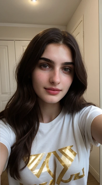 ((Front facing camera selfie)), 18 yo girl named Zahra Amiri, (straight nose), (prominent nose bridge), (female face golden ratios:1.15), long dense dark brown hair, (pale skin:1.25), (hazel eyes), thin eyebrows, high cheekbones, beautiful plump lips, big natural breasts, wearing tshirt, apartment background, smirk
